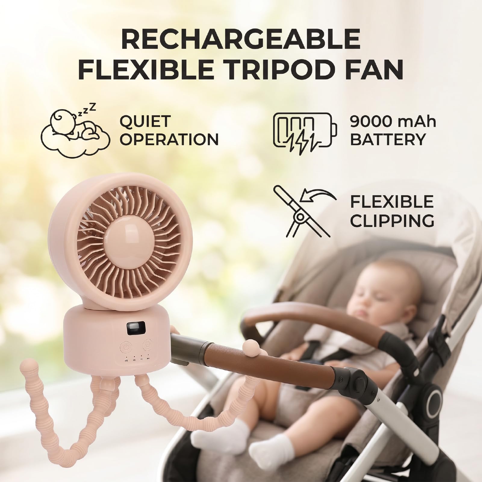 Garsent Ventilador Recargable para Cochecito de bebé de 9000 MAh, Ventilador con Clip de Trípode Flexible, Diseño Silencioso, de Camping Portátil Oscilante de 360 ​​grados, de Escritorio Personal para