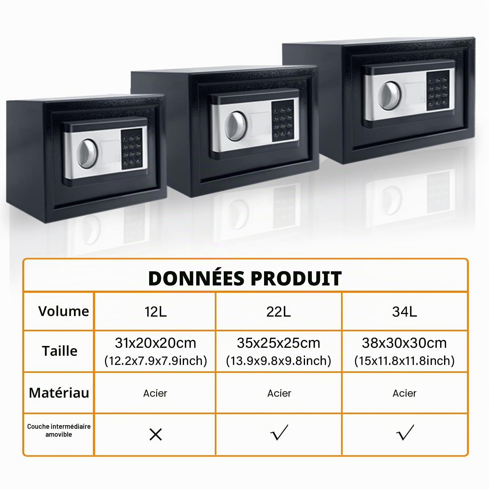 NAIZY Mini Coffre-Fort 12L Domestique Résistant Au Feu Et À L'eau, Électrique Avec Éclairage Intérieur, Boîte À Piles, Clé De Sécurité Et Fonctions D'alarme, En Acier, Noir+Argent