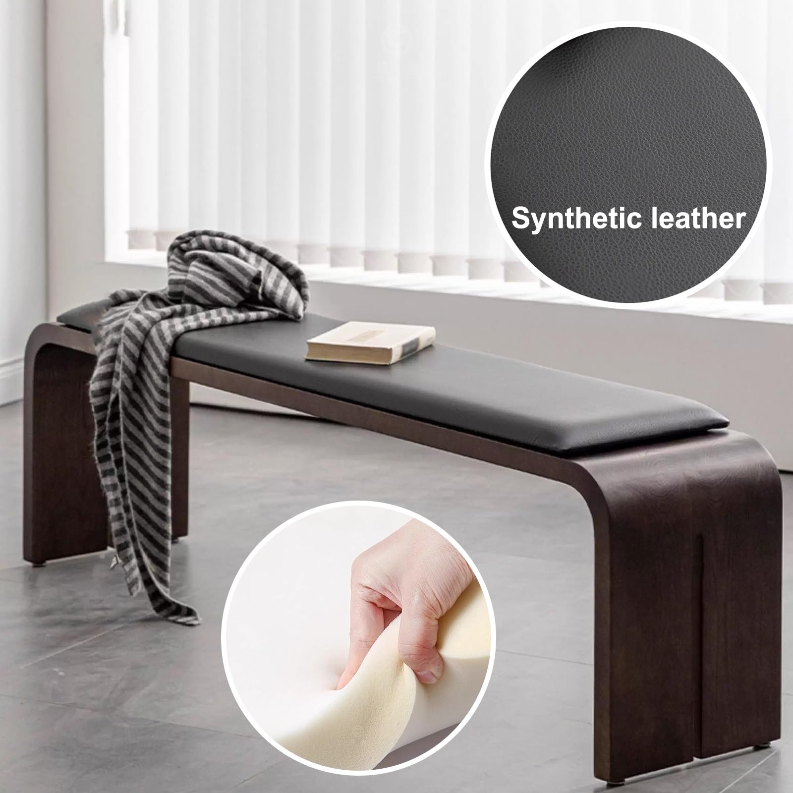Robuste Banc Salle a Manger Noir Bois Massif Banc Entrée 2 Places avec Assise Rembourrée Moderne Banquette Salon Coins Arrondis pour Cuisine, Chambre(Black 01,39.37in/100cm)