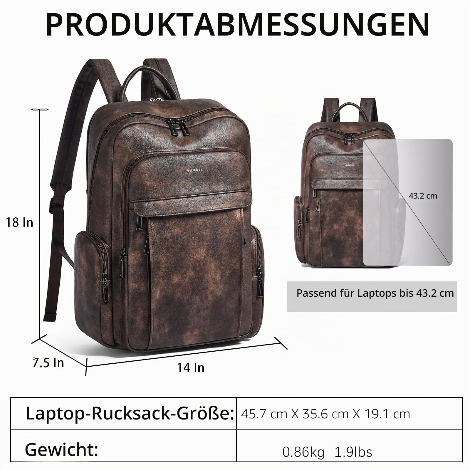Shrrie Leder Laptop Rucksack für Frauen mit 17 Zoll Vegan Leder Computer Rucksack Tasche für Reise College Arbeit