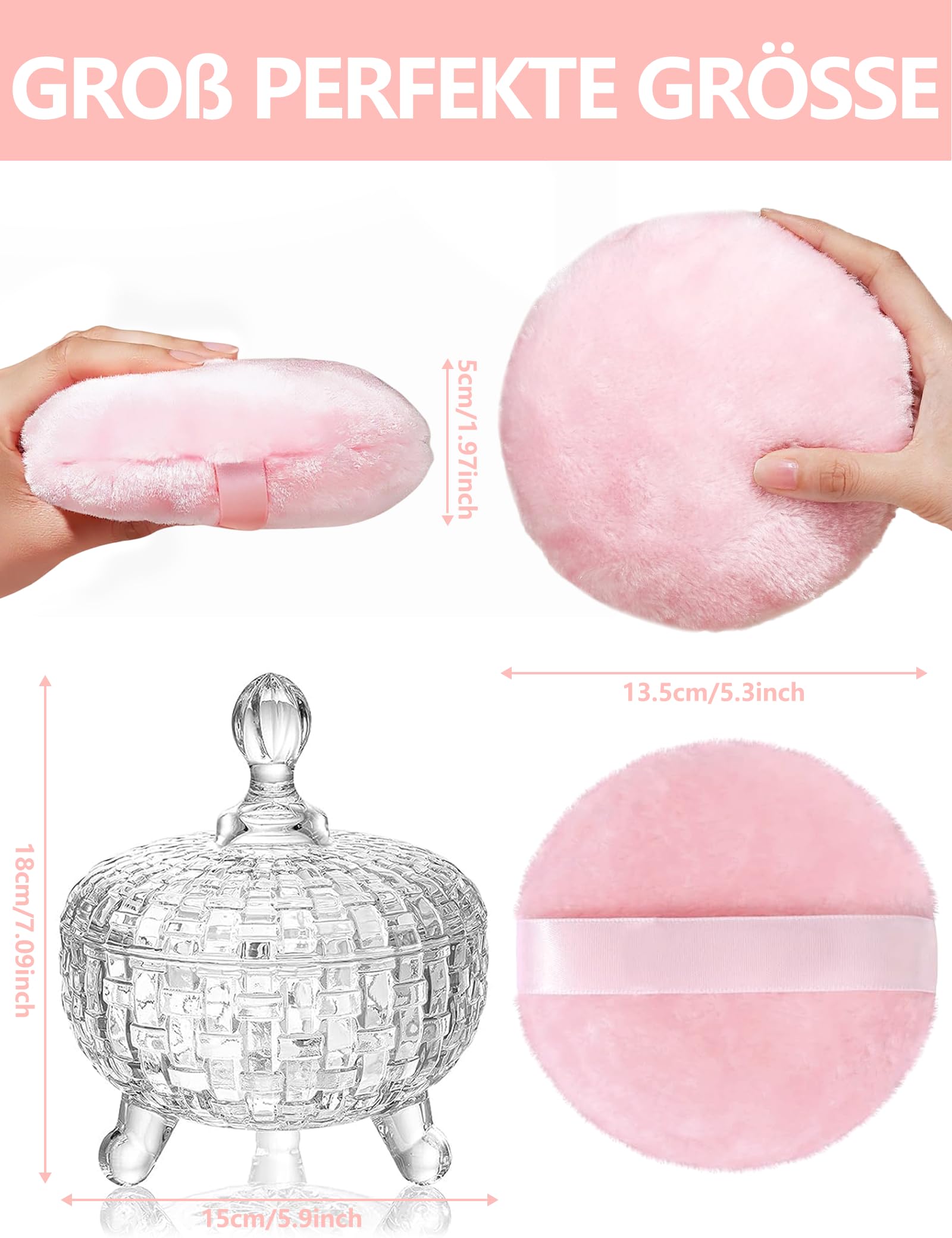 Großer Puderquaste und Behälter Set für Körperpuder Babypuder & Losen Puder | 13CM Puderpuff mit leerer Puderbehälter für Frauen & Baby, Waschbare Baby-Puderquasten (Kein Pulver)