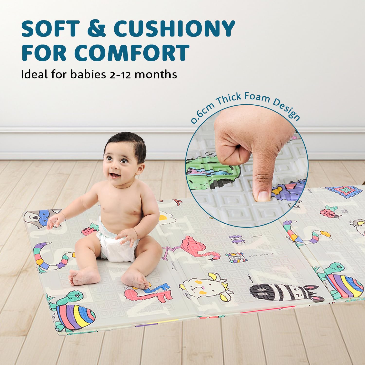 Amazon Brand - Supples Reversible Baby Playmat | Certified BIS-Approved Foldable Foam Mat for Learning & Crawling | 0.6 cm Thick | 2+ Months Baby | Alphanumeric Design | 6.5 x 4.5 ft | Multicolour 1