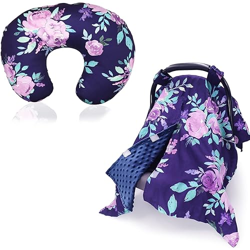 TANOFAR Peekaboo OpeningFunda de asiento de coche para bebés y funda de almohada de lactancia, toldo de asiento de automóvil de flores moradas para