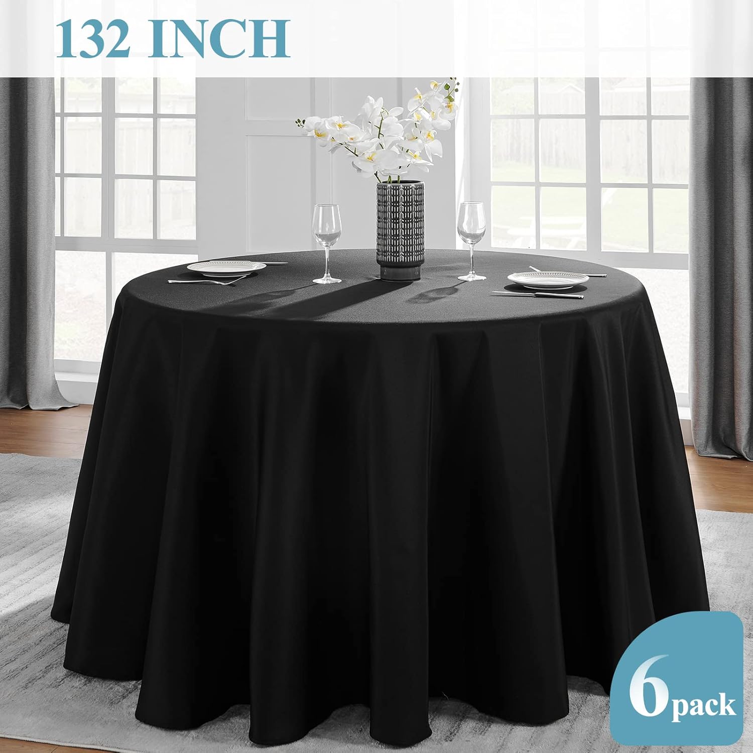 VidaFete Round Tablecloth 132inch 6pack Polyester Table Cloth, Stain Wrinkle Resistant Polyester Dining Table Cover for Kitchen Dinning Party Wedding Rectangular Tabletop Buffet Decoration(Black) - Image 4