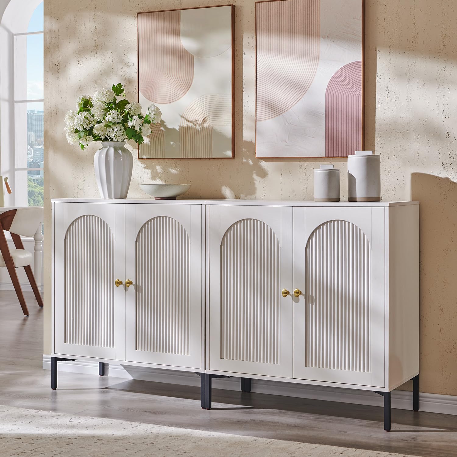 IFGET Modern Buffet Cabinet with Storage, 61.75" W Fluted Arched Sideboard Cabinet w/Adjustable Shelves, Wooden Modular Coffee Bar for Dining Room,