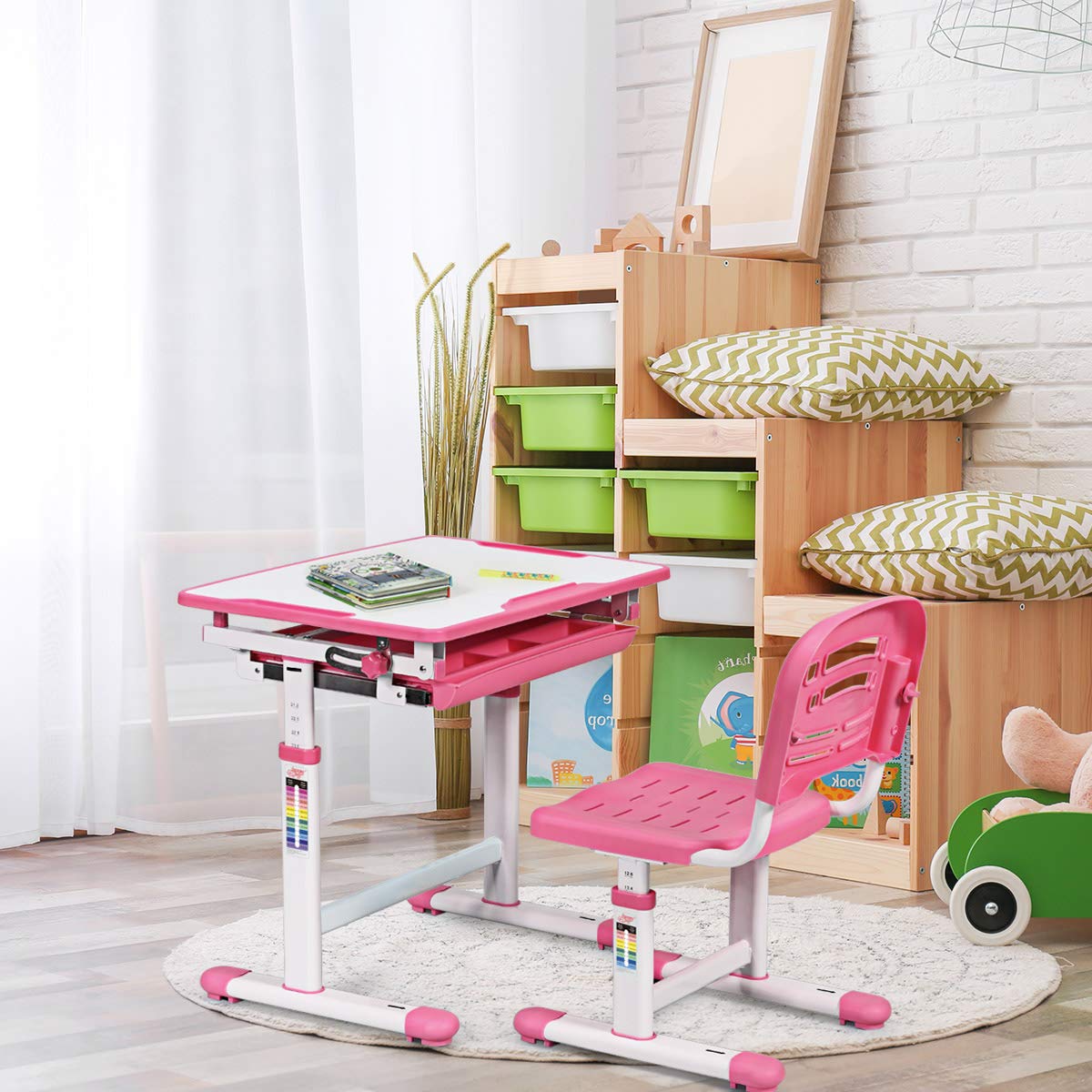 COSTWAY Set Sedia e Scrivania per Bambini Altezza e Angolo Regolabile e Multifunzionale Confortevole Apprendimento Colori Disponibili: Blu/grigio/rosa (ROSA)