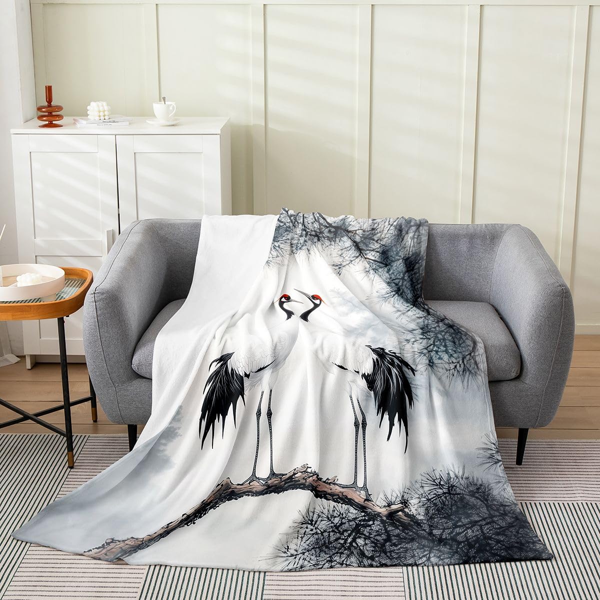 Chinese Landscape Print Throw Blanket,Wild Crane Animals Flannel Blanket for Room Decor,Japanese Style Soft Bedding Set,All Seasons Super Soft,Queen 90"x90"