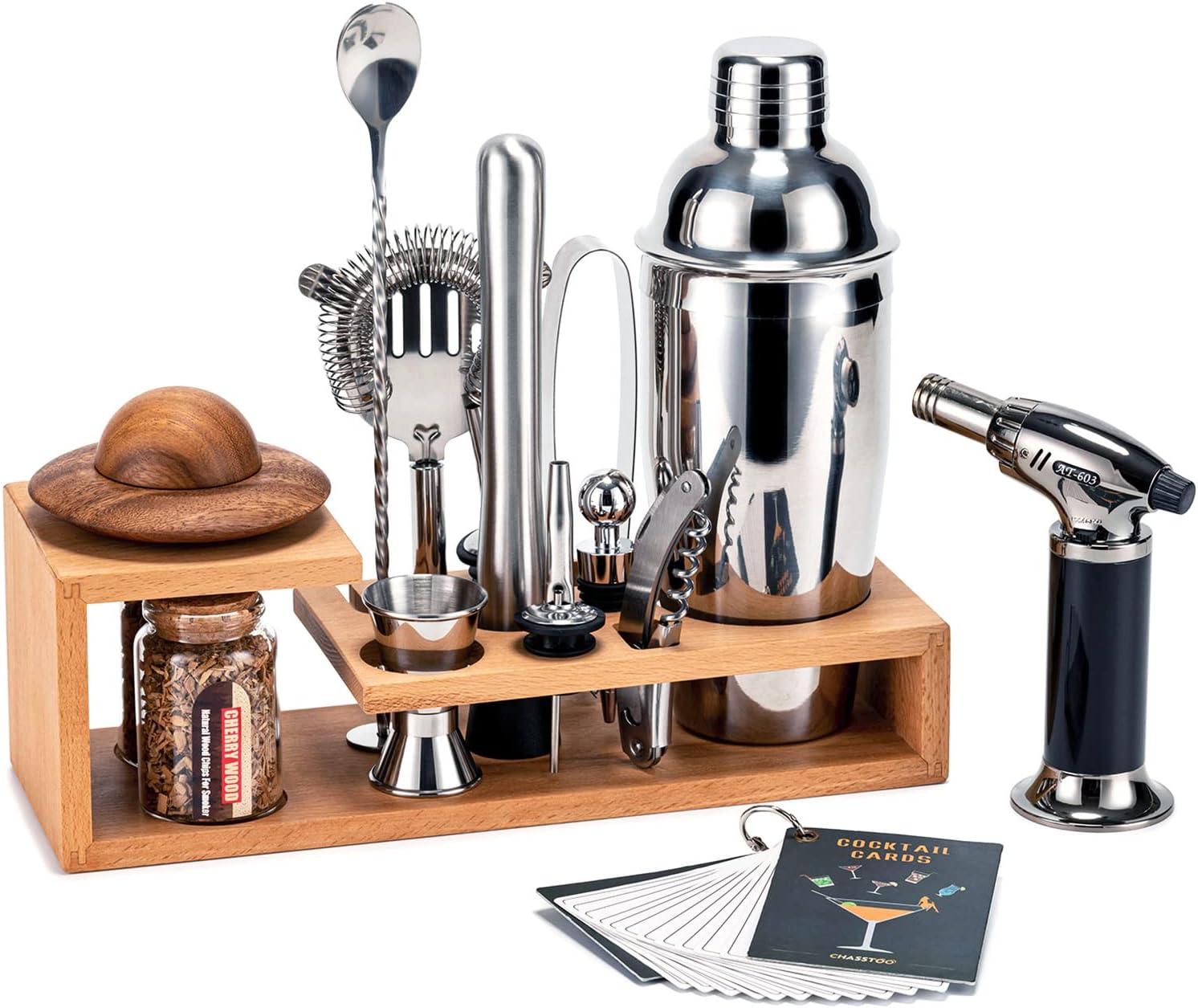Bartender Kit with Cocktail Smoker Kit, 19-Piece Bar Tool Set with Beech Stand and Torch for Mixed Drink, Perfect Home Bartending Kit with Bar Accessory Tools(No Butane) (Silver & Beech)
