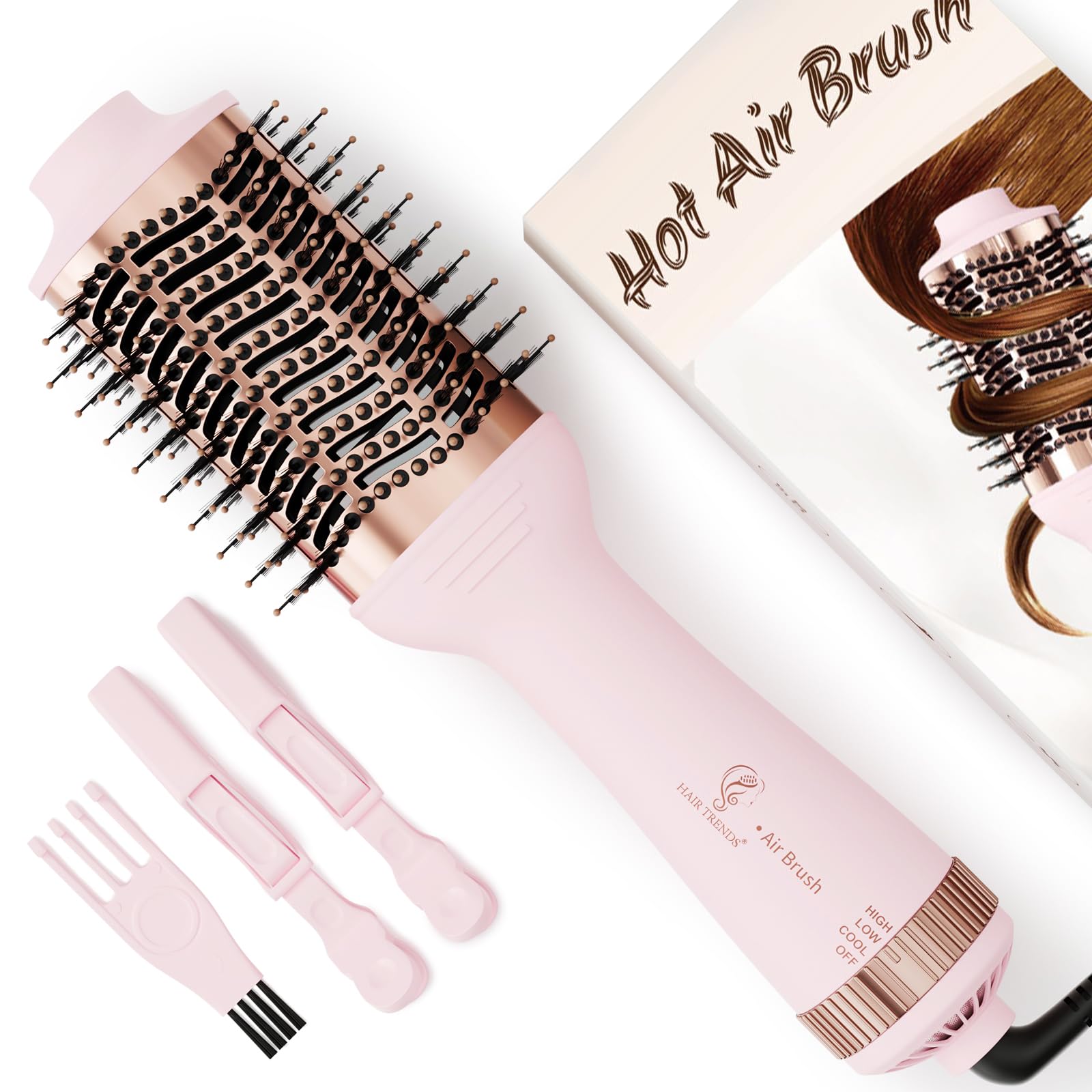 Big Size 1200W Dual Voltage Hot Air Brush Dryer, 110-240V 4 in 1 Ionic Blowout Hair Dryer Brush & Styler Volumizer with 75MM Oval Titanium Barrel for