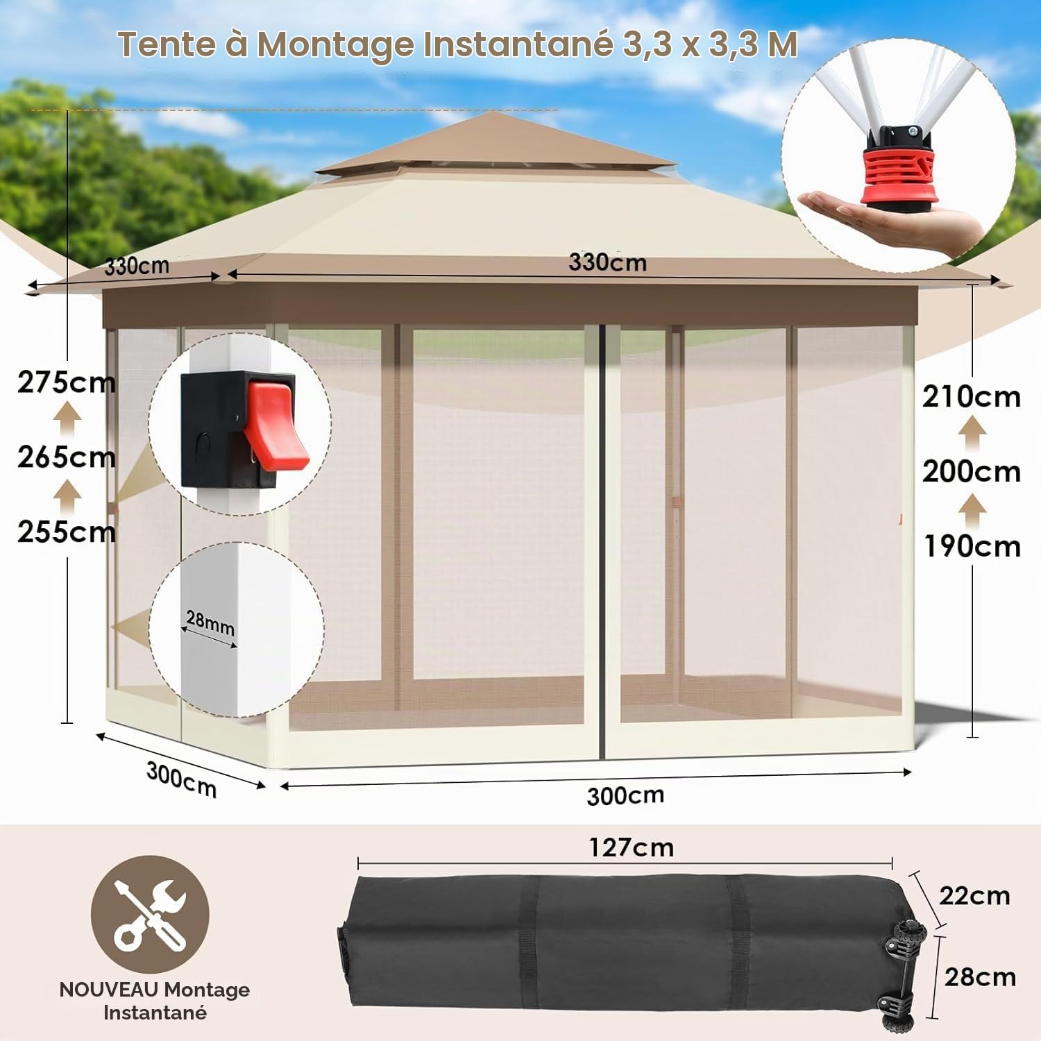 Tonnelle Pliante 3,3 x 3,3 m imperméable,avec 4 Toiles Moustiquaires, One Push Tonnelle de Jardin,Tente de fête à Double Toit, 4 Sacs de Sable, pour terrasse/marché/Camping/Plage, Marron Kaki