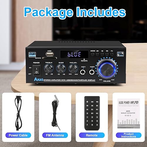 Miniatura 7 de Amplificador de audio estéreo AK45 Receptor Bluetooth para estéreo doméstico, 400 W 2 canales inalámbrico Bluetooth 5.0 Sistema amplificador de