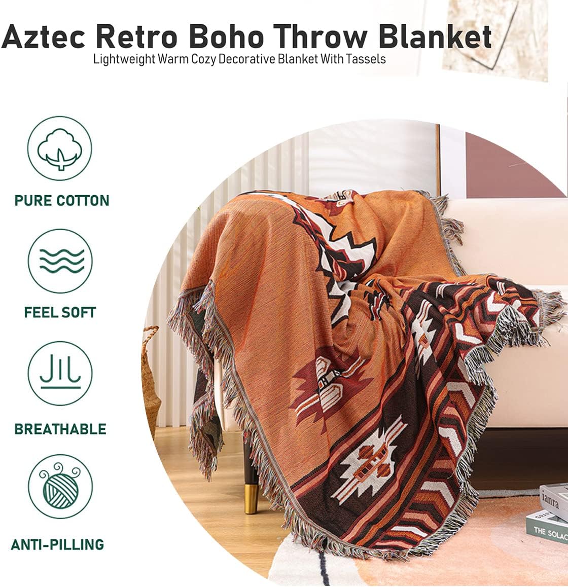 Hopstar Aztec Throw Blanket Navajo Indian Blankets and Throws Boho Western Decor Couch Cover Blanket for Bed Sofa Living Room Beach Travel 51"x63" (Brown, 51"x63") - Image 3