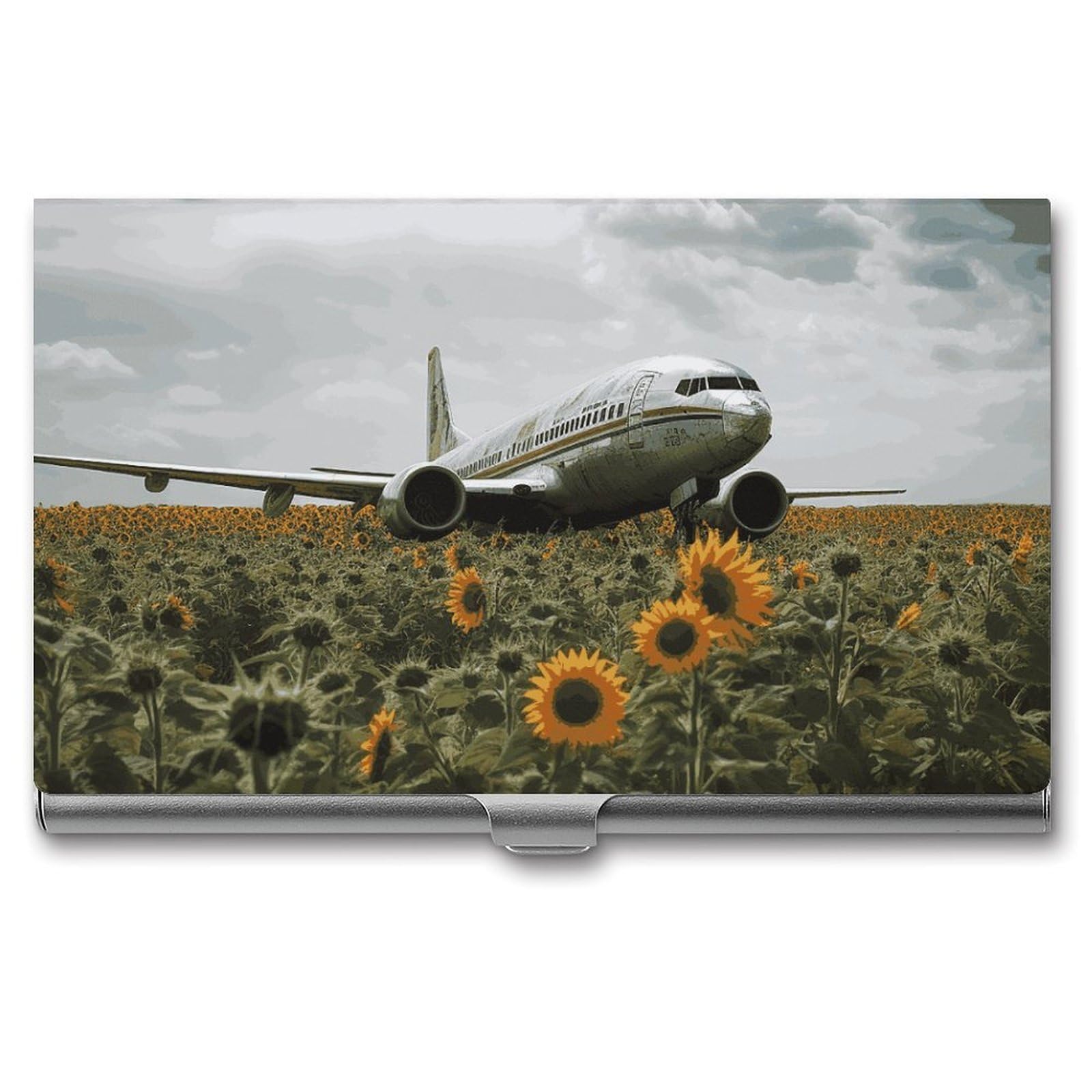BTCOWZRV Plane Flies to Sunflower Field Business Card Holder Metal Slim Business Card Case, Pocket Card Holder for Men Women Purse Name Card Holder Stainless Steel Wallet Credit ID Case for Office