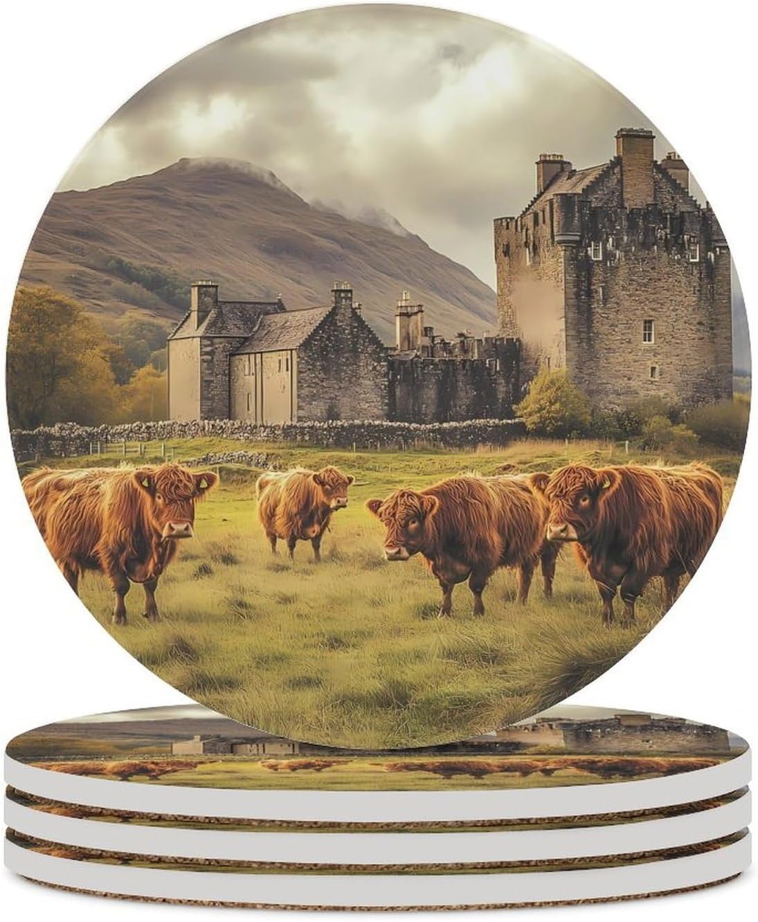 Basse Castle Scottish Highland Cows Round Ceramic Coasters Print Drinks Absorbent with Cork Base for Home Decor Gifts 4 Inch