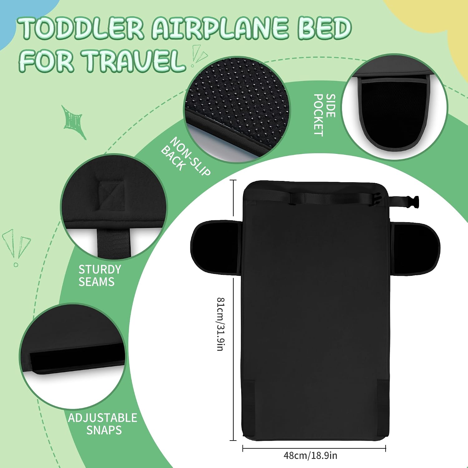 Black Toddler Airplane Bed, Portable Airplane Seat Extender Travel Bed for Kids, Soft Baby Plane Travel Essentials for Flying, Toddlers Long Flight Must Haves Footrest image 2