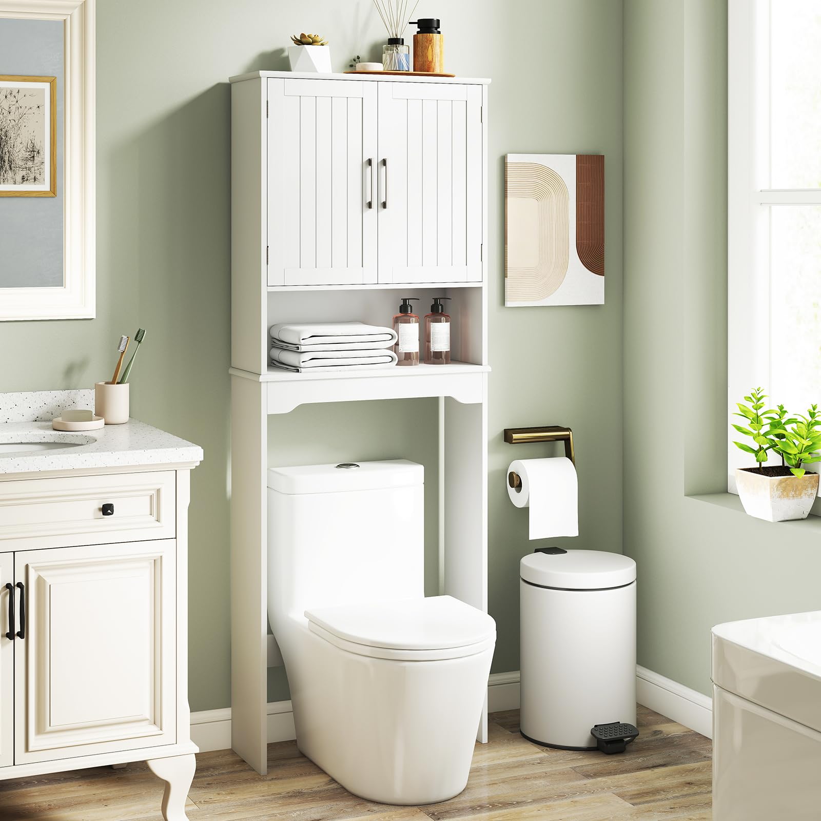COSTWAY Mueble sobre Inodoro, 2 Puertas, 2 Baldas Regulables y 1 Estante, Armario Lavadora, Mueble Encima WC, 63x23x168 cm, Blanco