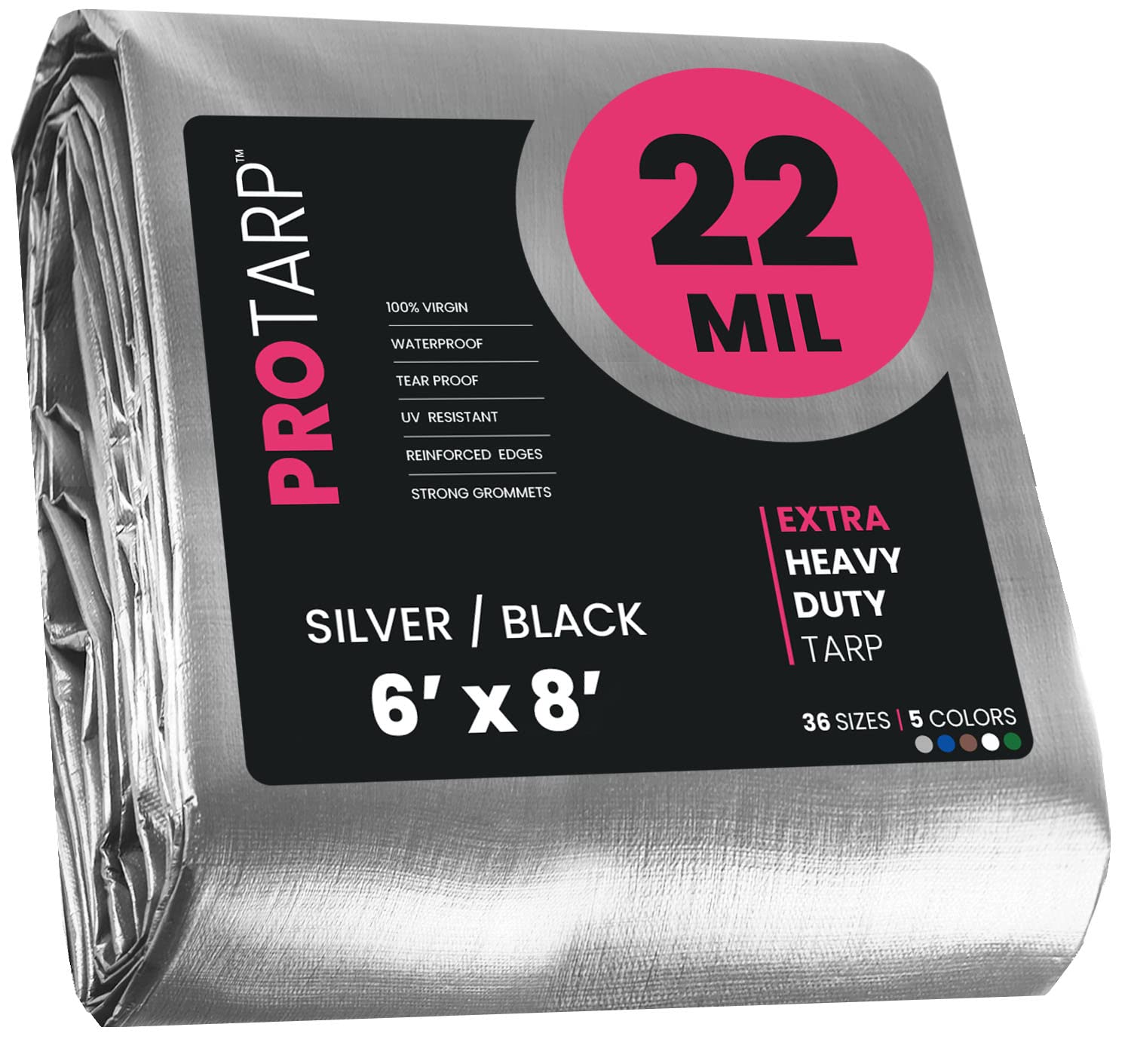 Extreme Heavy Duty 22 Mil Tarp Cover, Waterproof, UV Resistant, Rip and Tear Proof, Poly Tarpaulin with Reinforced Edges for Roof, Camping, Patio, Pool, Boat. (Silver/Black 6′ X 8′)