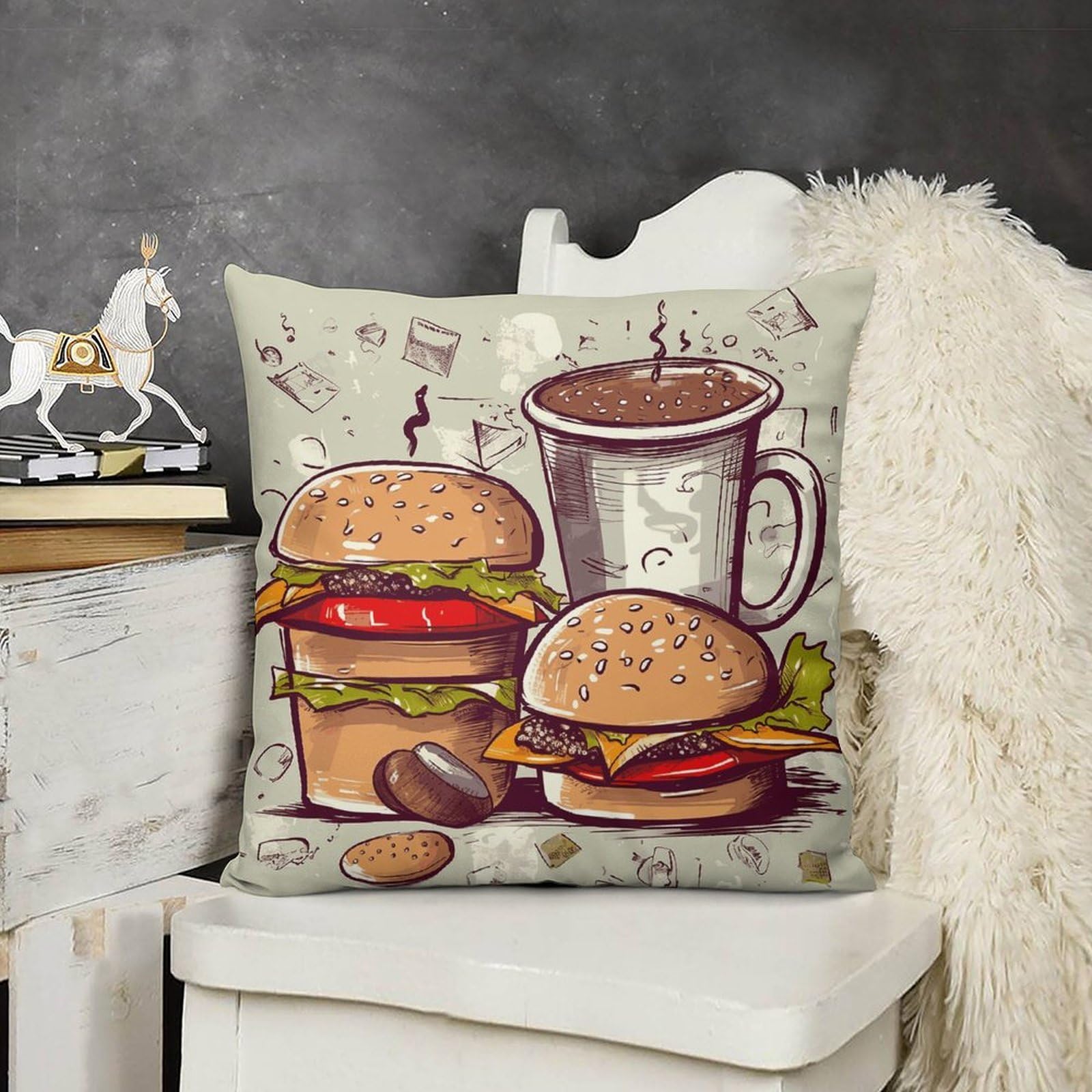 Decorative Throw Pillow Cover 22x22 Hamburgers and Mug Outdoor Pillow Covers Plush Cushion Cover for Sofa Bed Couch Living Room Boho Farmhouse Pillows Protector with Hidden Zipper