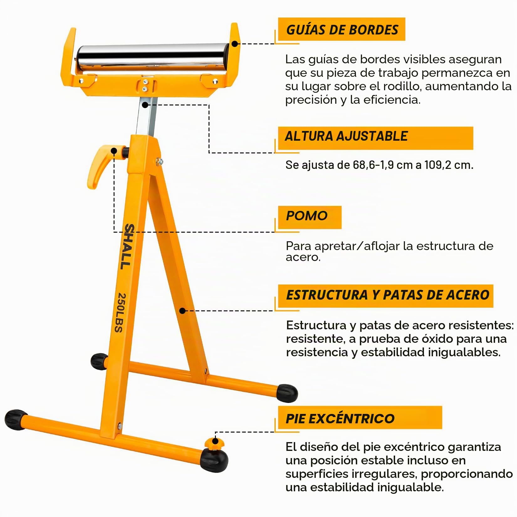 Shall Paquete de 2 soportes plegables para rodillos, capacidad de carga resistente de 250 libras, altura ajustable de 27.8 a 43 pulgadas, para sierra de mesa, carpintería