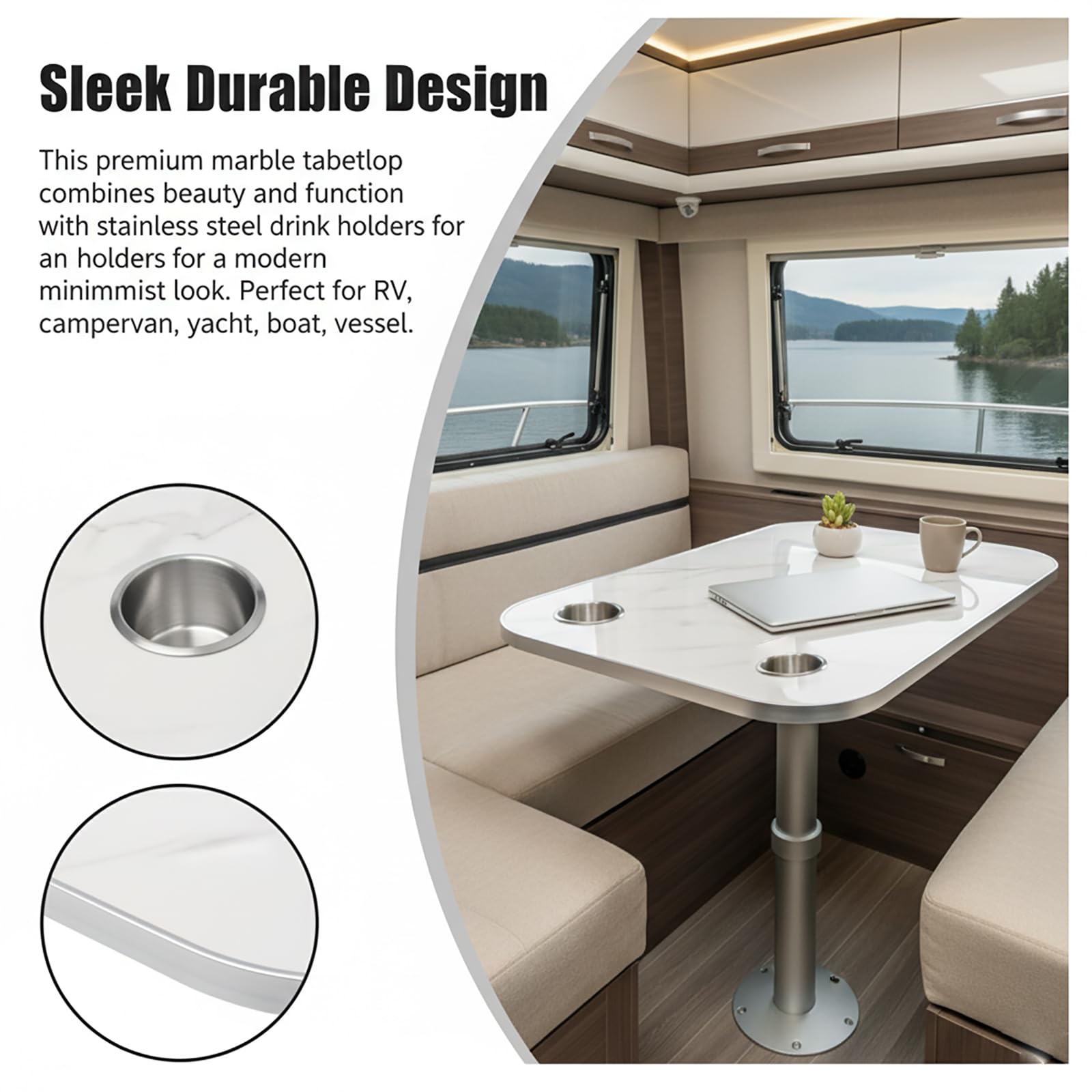 Piano del tavolo in marmo per camper, con doppio portabicchieri in acciaio inox, 80 x 40 cm, adatto per camper, yacht, barche