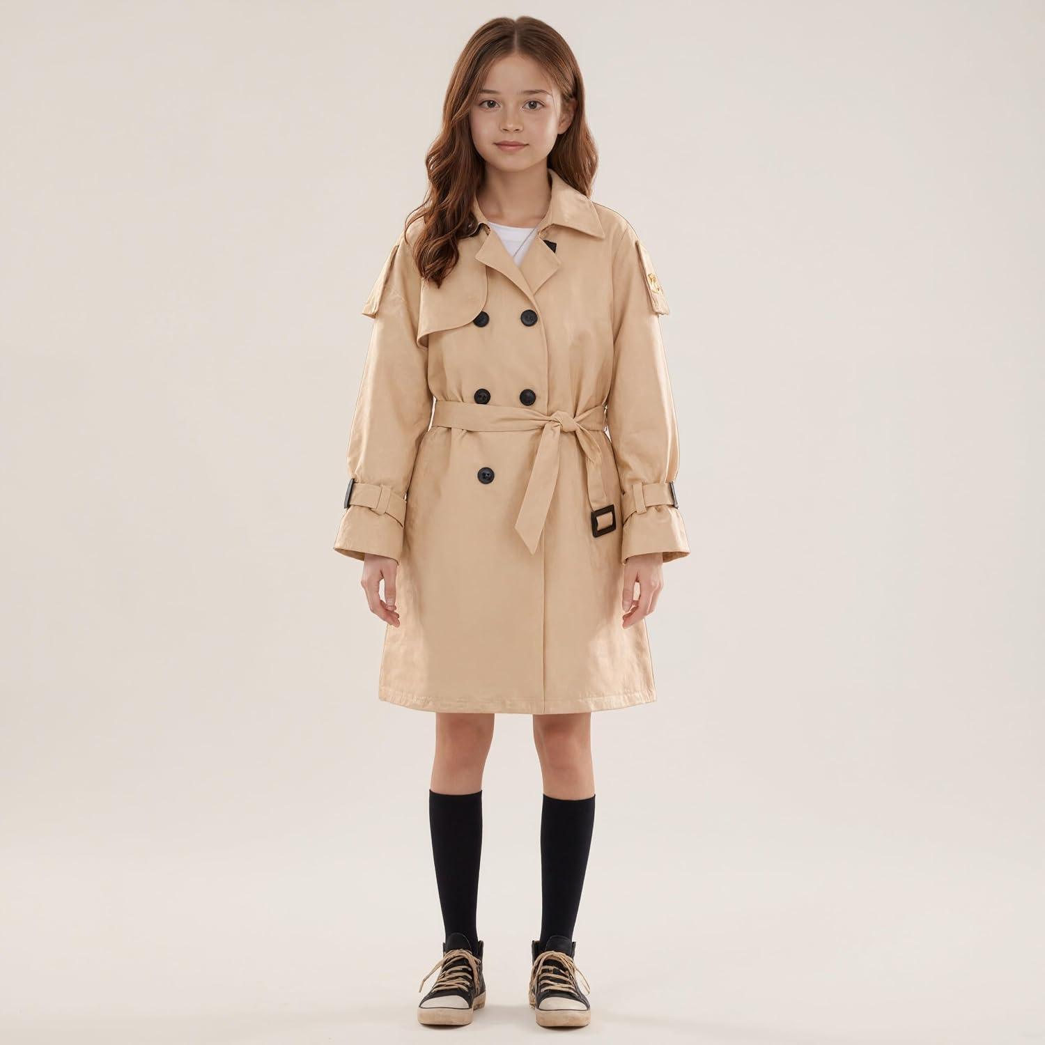 Girls' Khaki Cotton Trench Coat, Mid-Length Windproof Kids Jacket with Adjustable Belt, Sizes 120-170 (Ages 6-14)