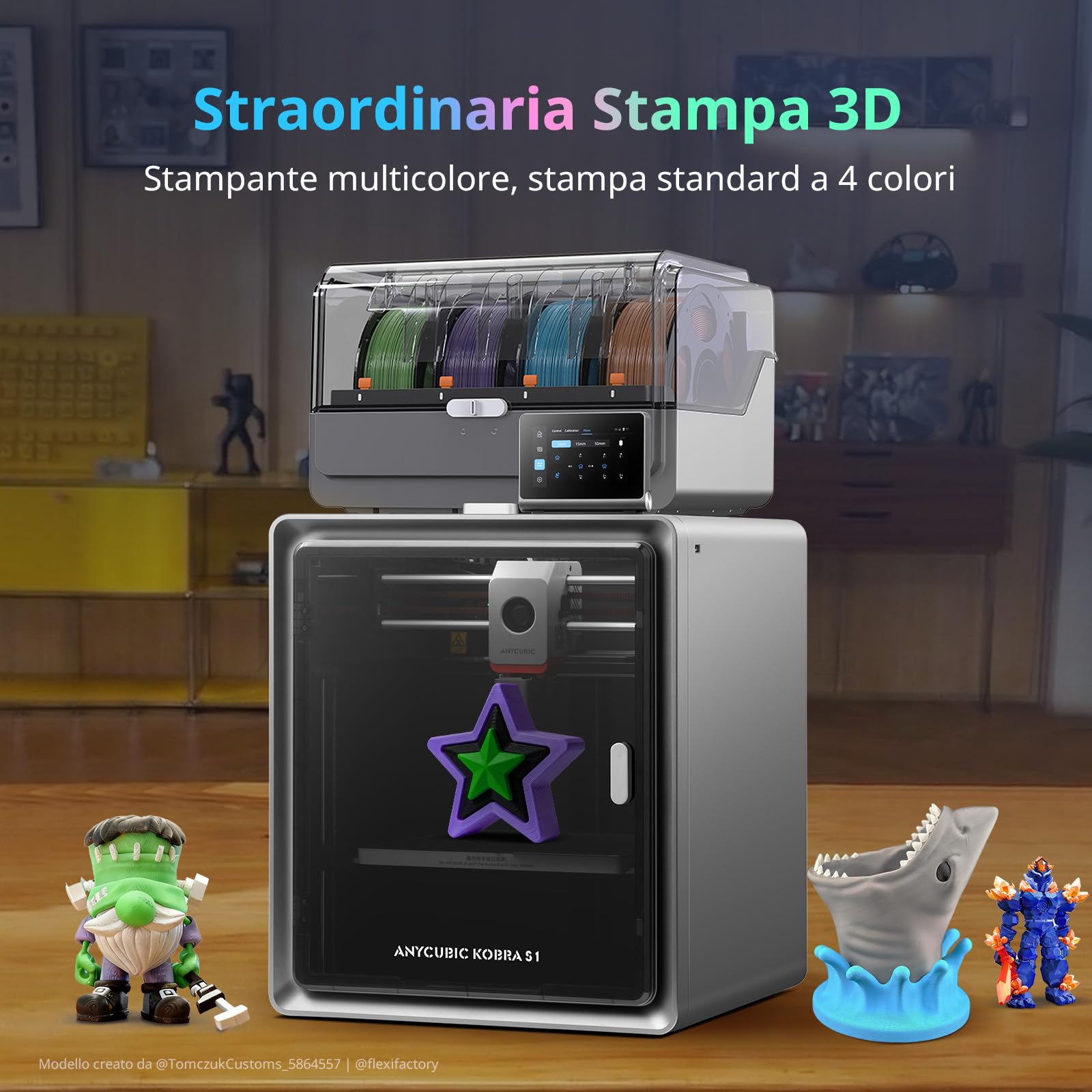 Anycubic Kobra S1 ACE 2 Pro Combo Multicolor Stampante 3D, Con Scatola di Essiccazione per Filamenti ACE 2 Pro Inclusa, 600 mm/s ad Alta Velocità, Alimentazione Automatica a 4 Colori, 250×250×250 mm³
