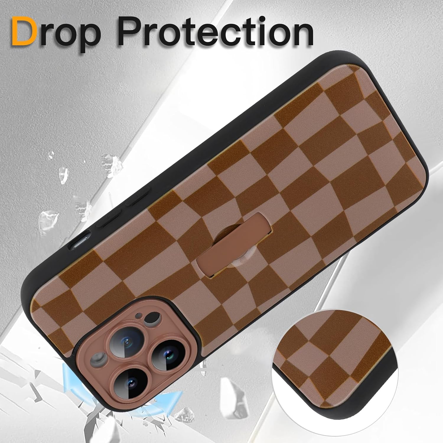 SOKAD for iPhone 14 Pro Case with Finger Strap Kickstand, Cute Checkered Checkerboard Phone Case with Finger Hand for Women Men, Slim Full Camera Protection Shockproof Case Cover, Brown - Image 4