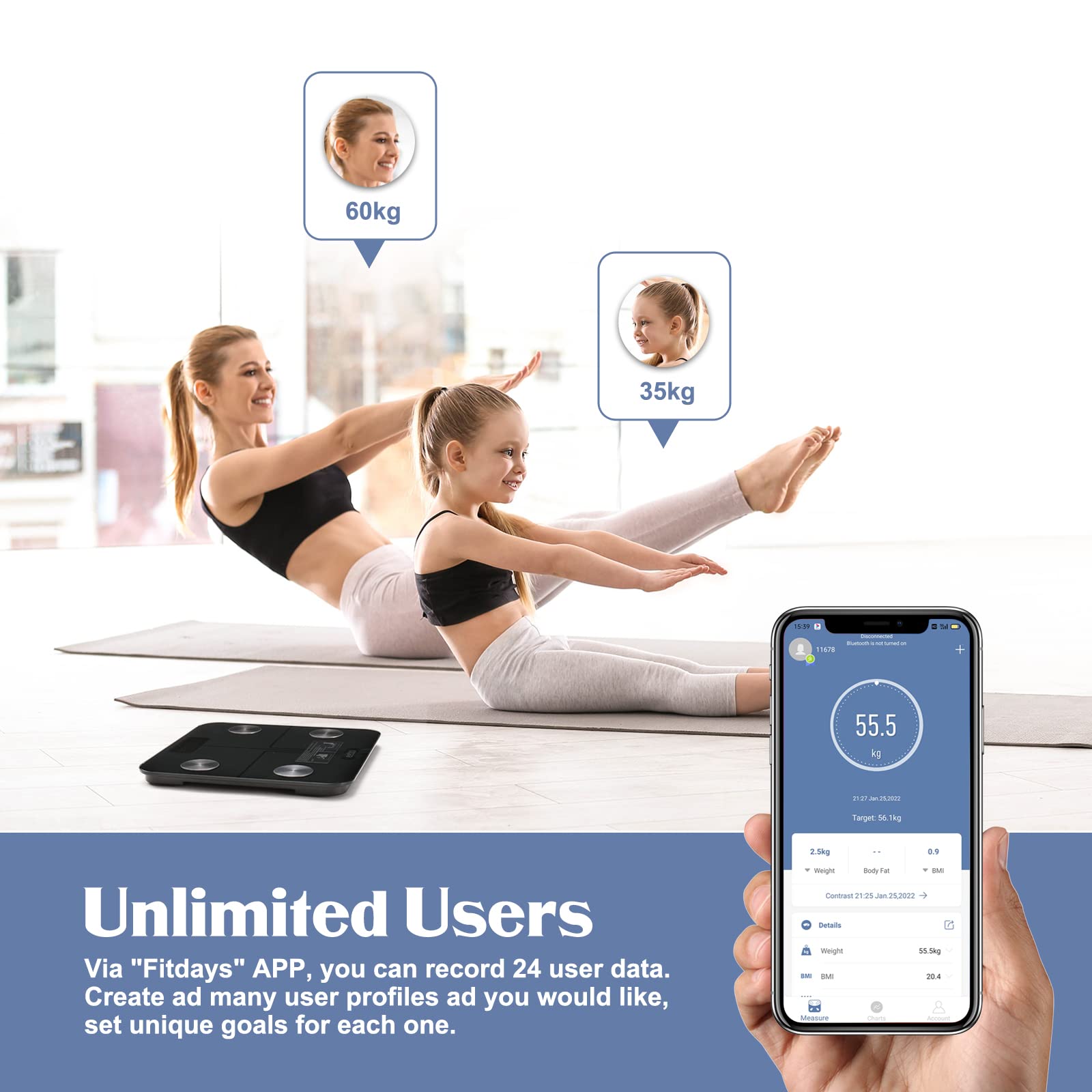 Bilancia Pesapersone Digitale, Professionale Bilancia Impedenziometrica con APP, Bilancia di Precisione, Misura Peso Corporeo, Massa Grassa, BMI, Massa Muscolare, Massa Ossea, Proteine