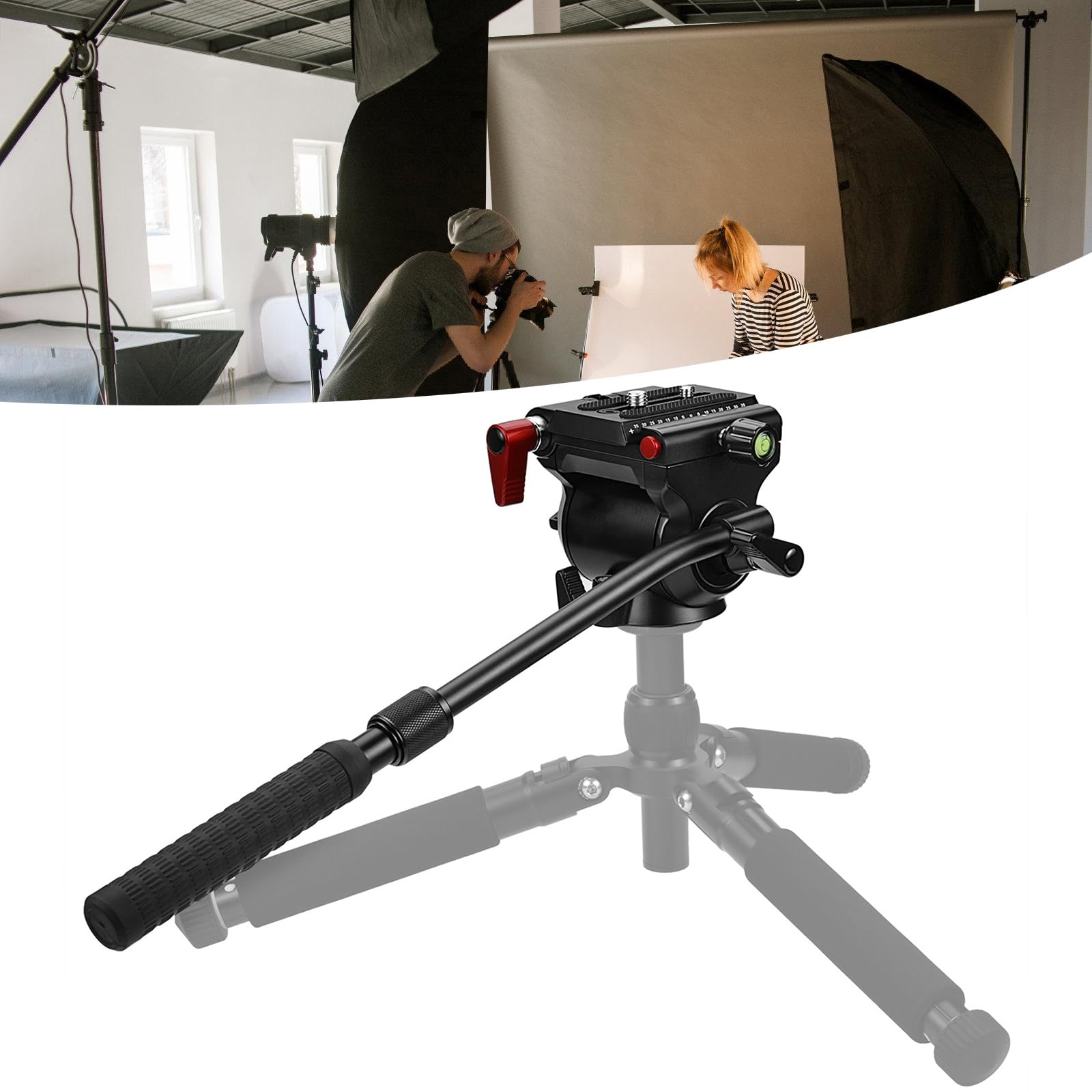 Cabeza de aluminio para trípode de cámara, amortiguador de fluidos de balance de resorte, función antivibración y cabezal de inclinación ajustable vertical para video