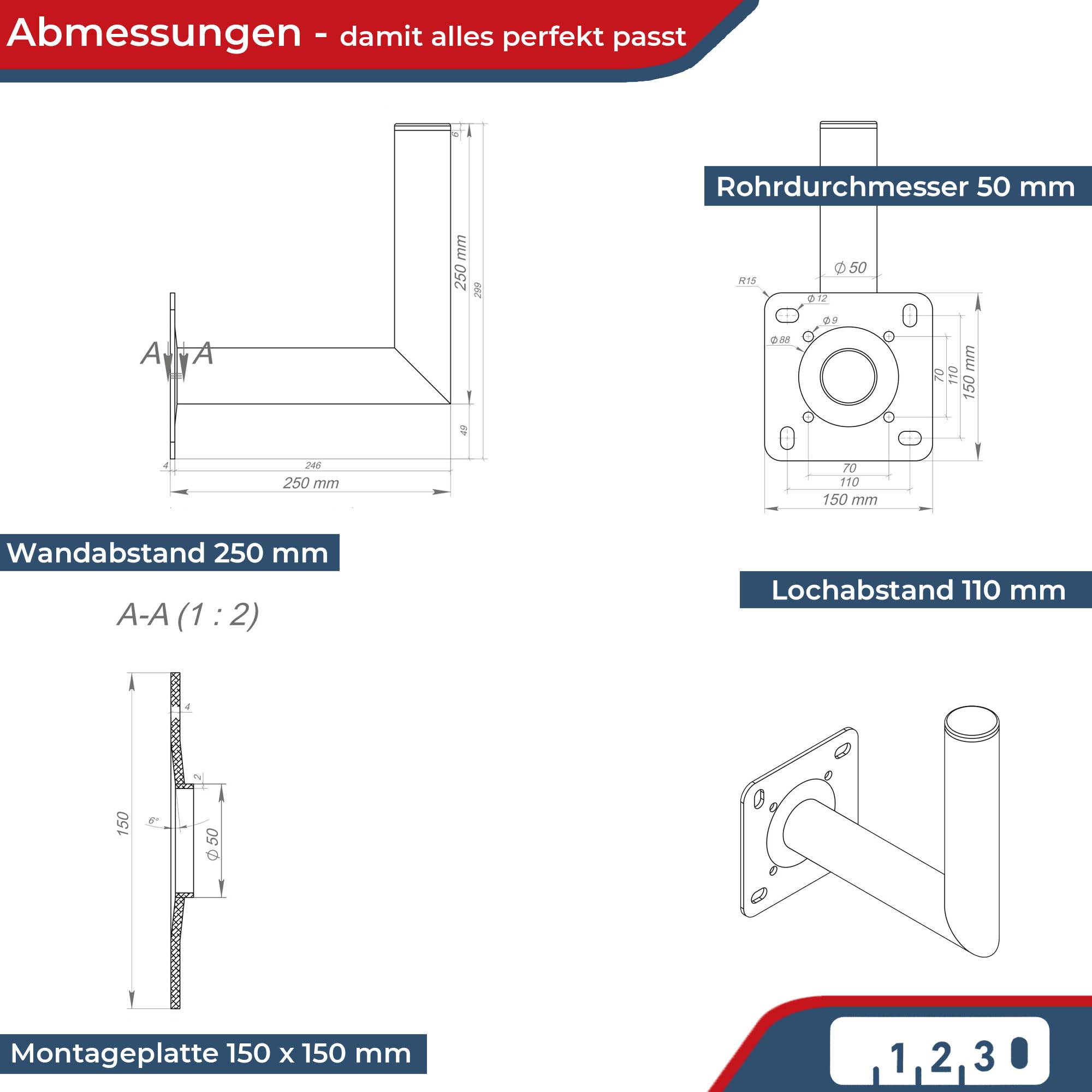 Premium X - Soporte de pared de 25 cm de aluminio para antena de satélite, soporte de pared para antena de satélite de aluminio, 250 mm