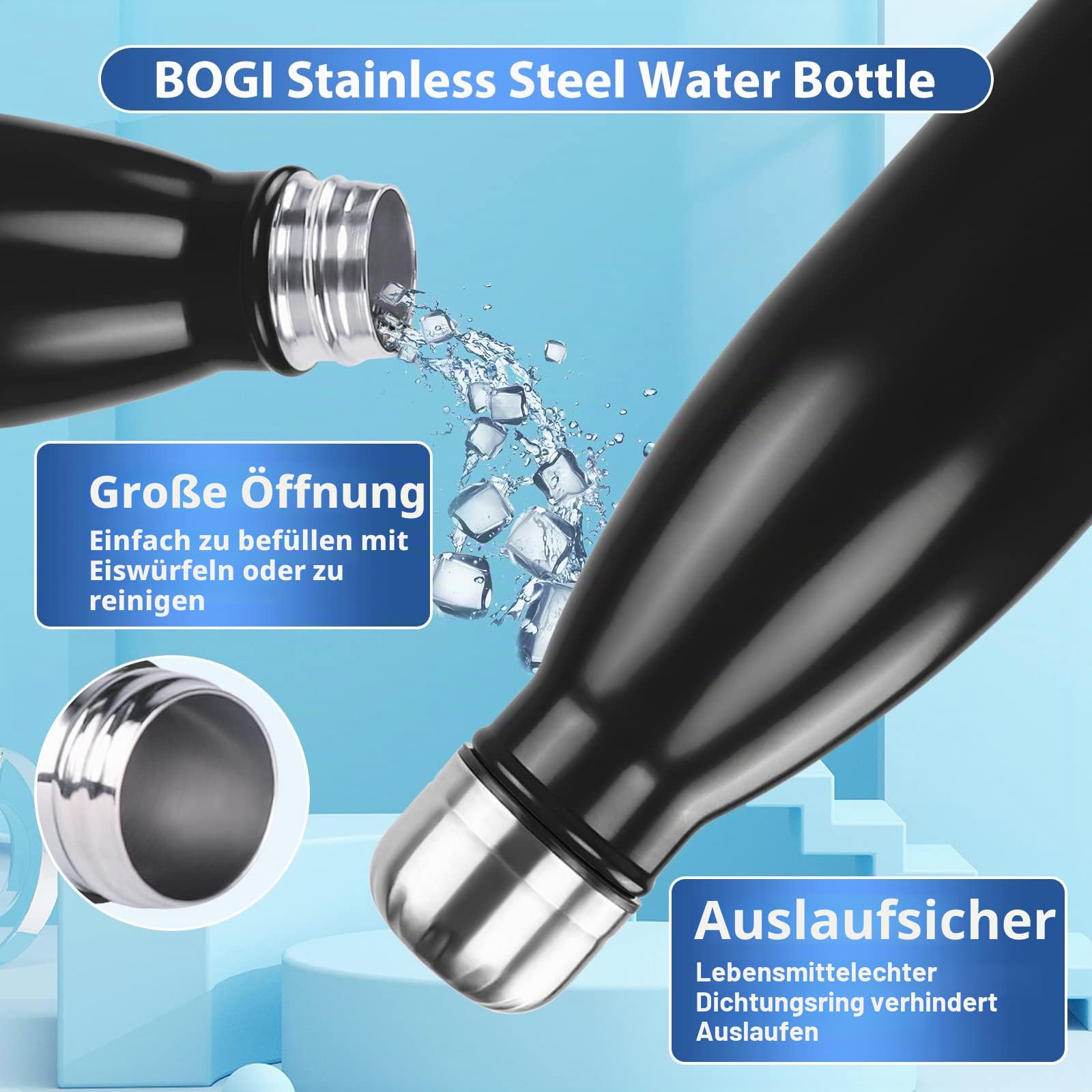 BOGI Edelstahl Trinkflasche 500ml, 2-Pack Doppelwandige Thermosflasche Auslaufsicher Trinkflasche Edelstahl Isolierflasche BPA-Frei Kinder Trinkflasche Schule Hält Heiß und Kalt für Sport Fahrrad