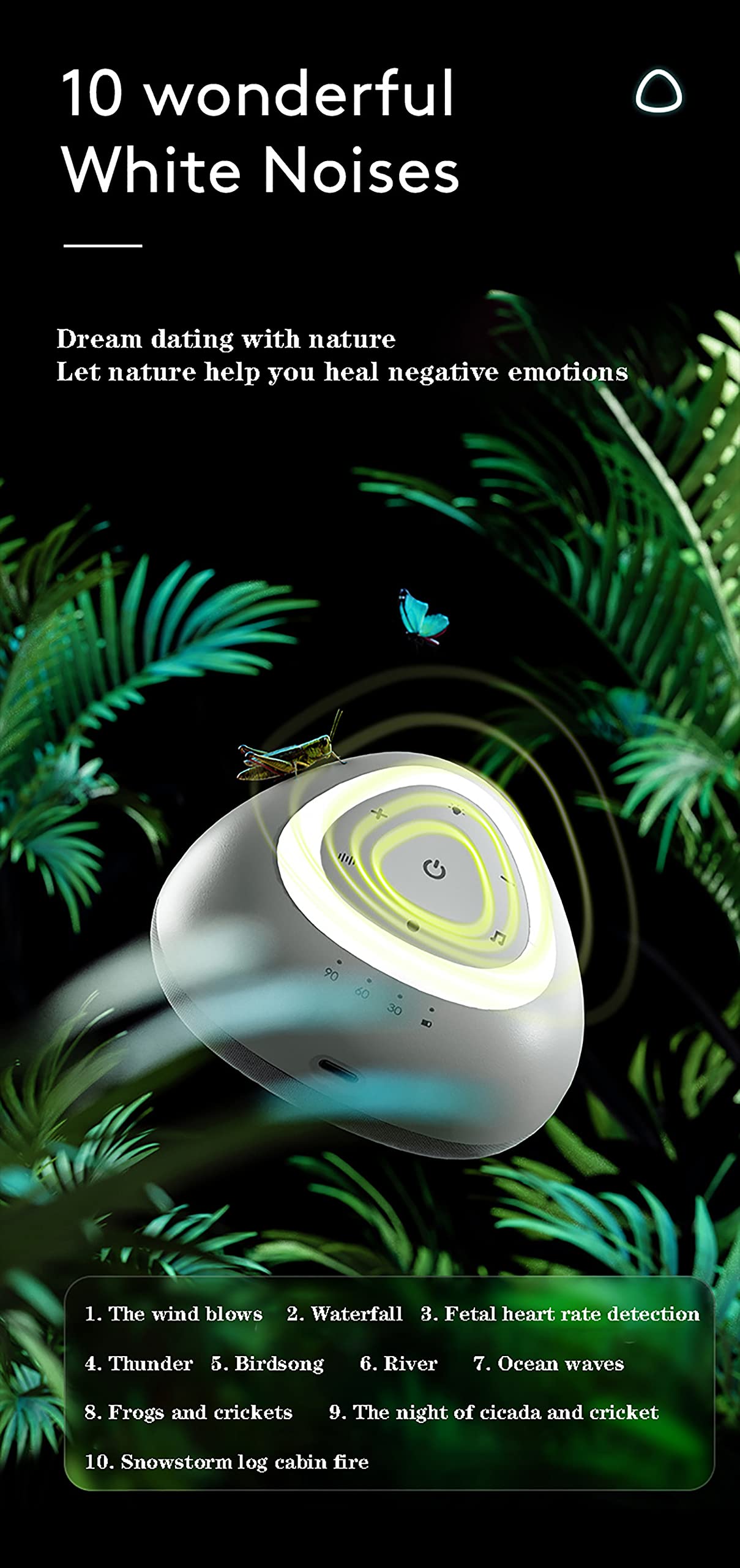 Máquina de Ruido Blanco para Dormir, Temporizador de Apagado automático con 10 Sonidos relajantes de la Naturaleza, Ayuda y cancelación, para meditación en la privacidad de la ofic
