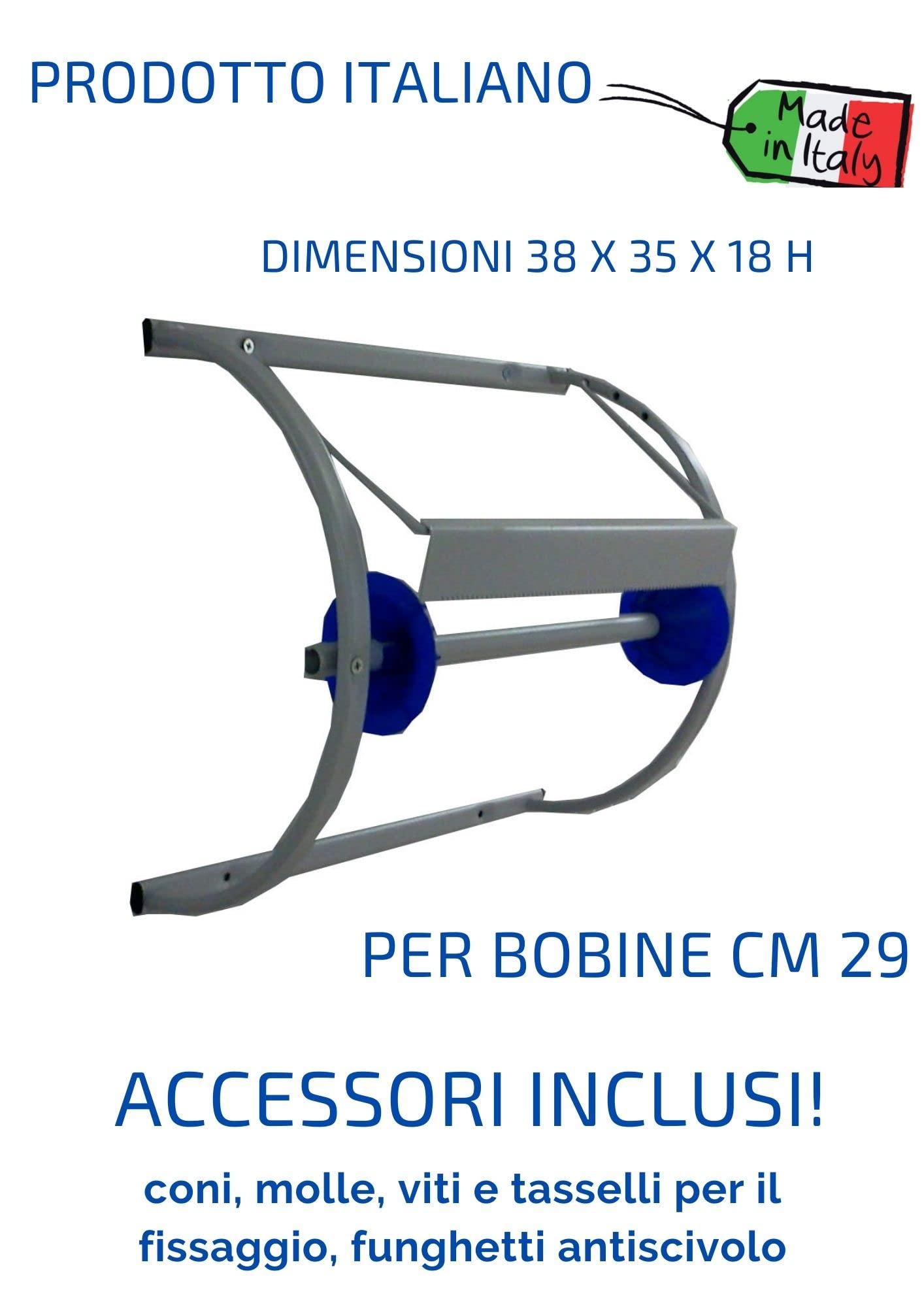 Tecnokit Dispenser portarotolo industriale da muro con bobina 500 strappi inclusa, acciaio verniciato alluminio, robusto porta bobina carta 29 cm, installazione rapida 38x35x18h