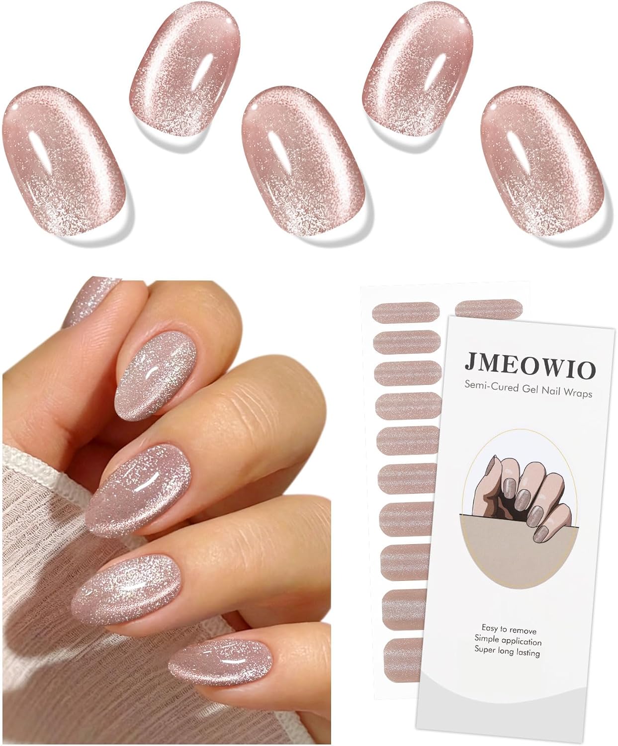 JMEOWIO Semi Cured Gel Nail Strips Cat Eye Gel Nail Stickers Wraps UV/LED Nails Art Design Decoration Accessories