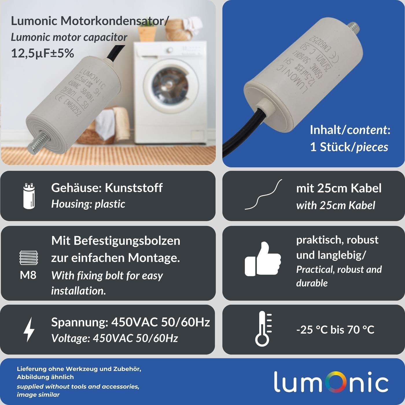 Lumonic Condensatore di avviamento 12,5µF 450V | con Filo I 34x65mm I 12,5uF I Condensatore motore con custodia in plastica I Condensatore di esercizio I per pompe, tosaerba, utensili
