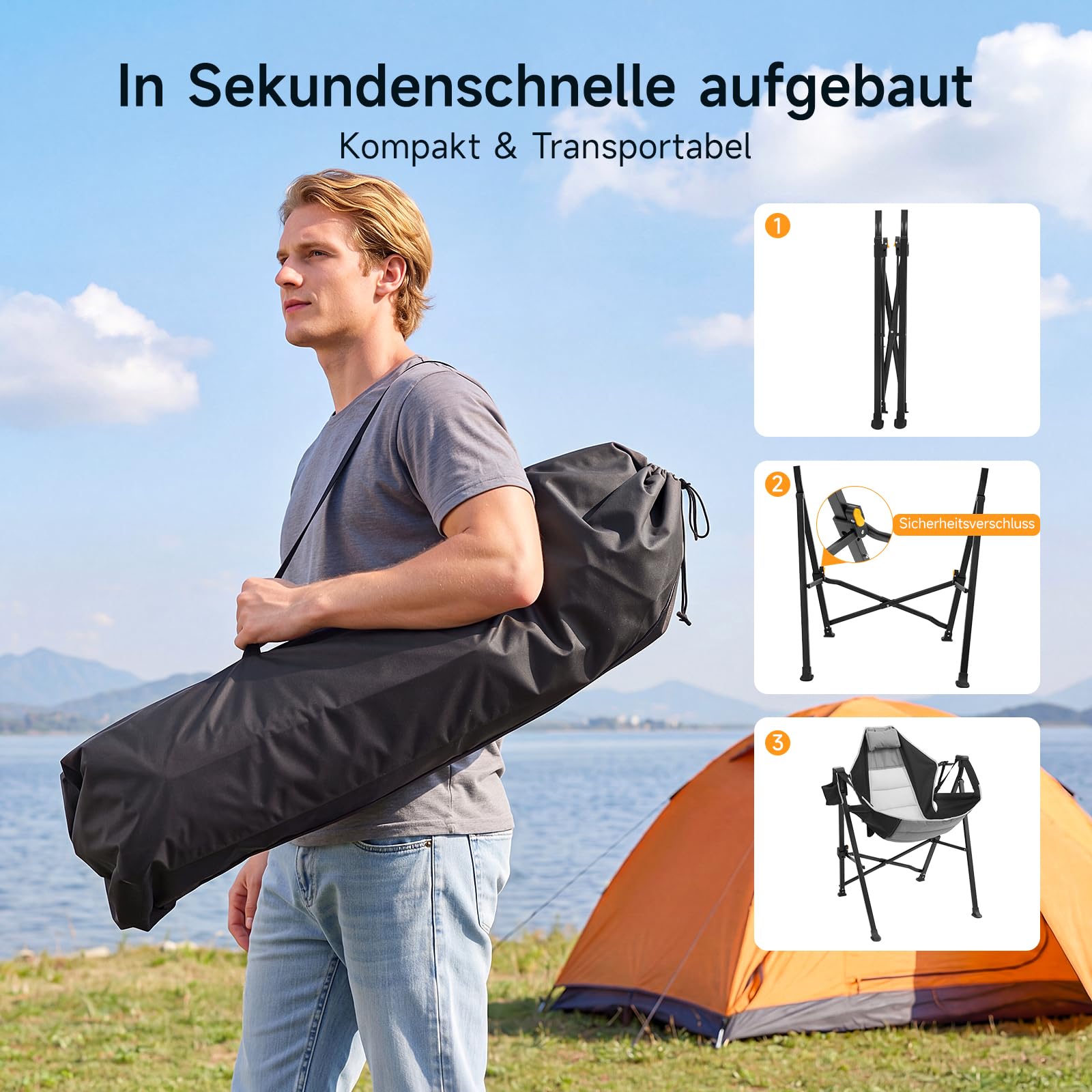Faltbarer Campingstuhl mit Fußstütze, 180kg, Schaukelfunktion