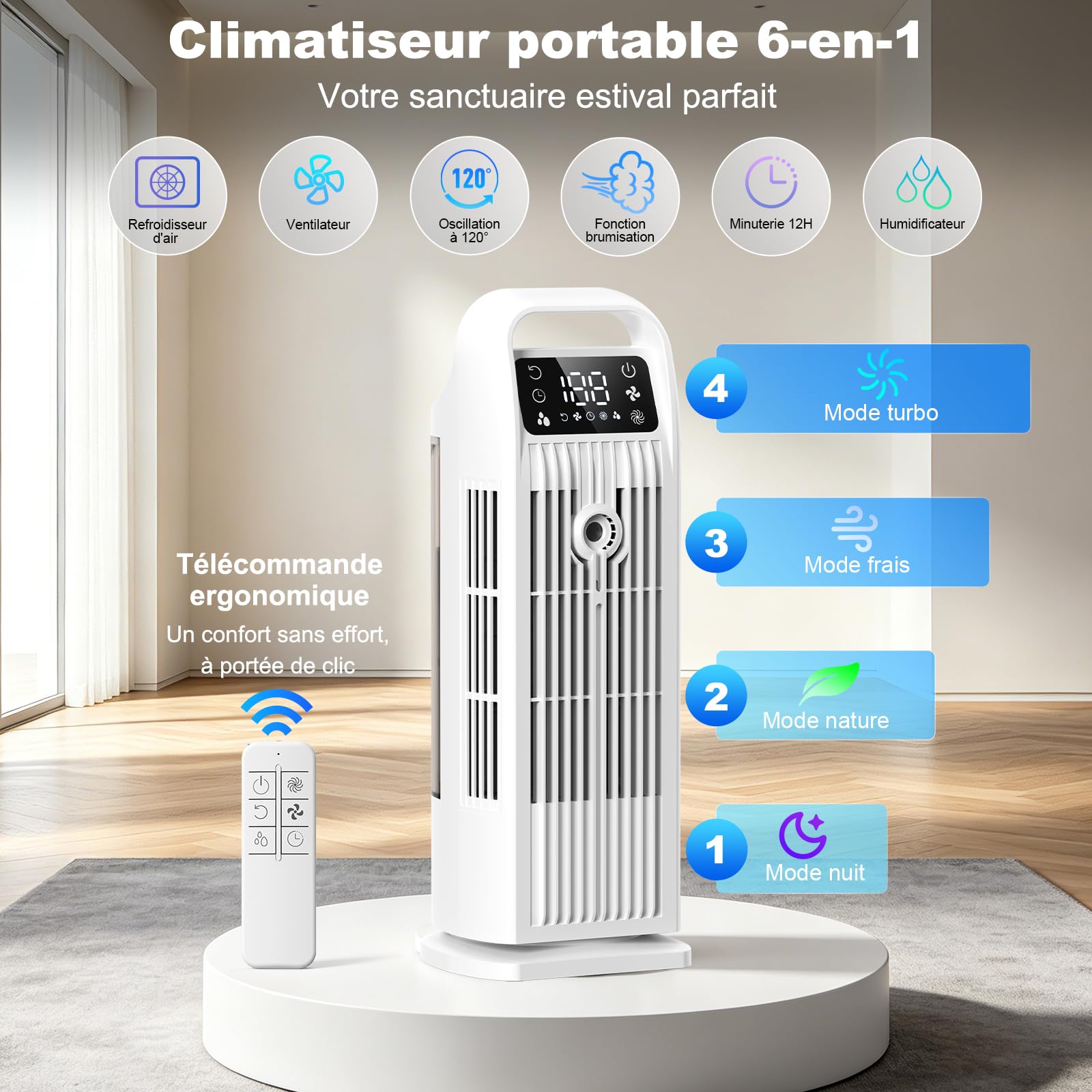 6 en 1 Climatiseur Mobile, Climatiseur Portable Silencieux avec Refroidisseur d'air 1200ml, 120°Oscillation, 1-12H Minuteries, 4 Vitesses, Touches Tactiles (Blanc frais)
