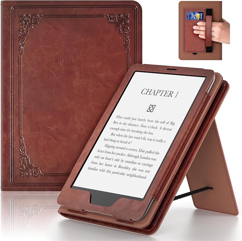 Kindle 6 Inch Case for 6" Kindle (11th Generation, 2024/2022),Vintage Brown | Lainergie Smart Lightweight Slim Durable High Quality PU Shell Cover with Stand, Hand Strap, Auto-Wake/Sleep