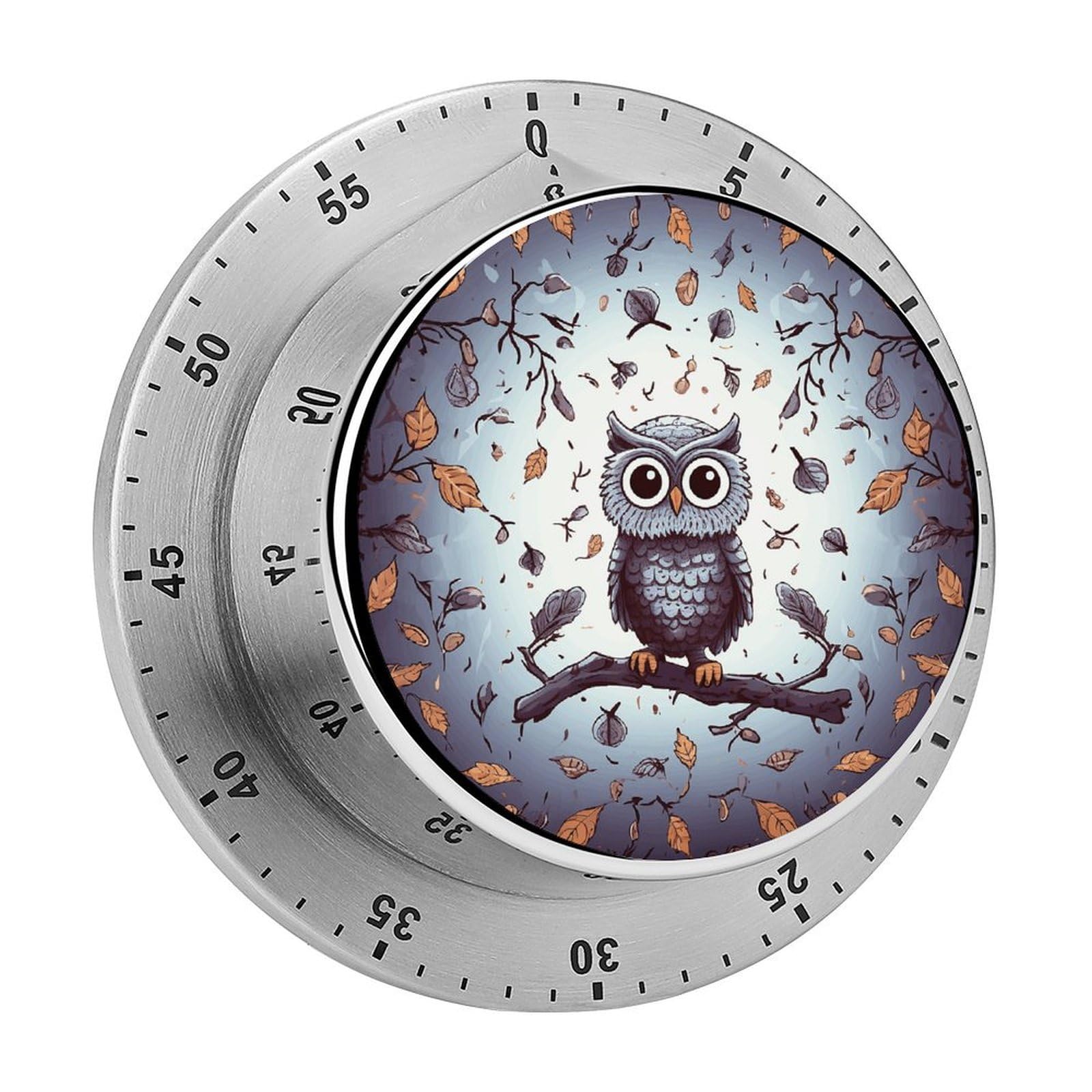 Owl Tree Branches Mechanical Kitchen Timer, Magnetic Stainless Steel Countdown Timer, Loud Alarm Cooking Timer for Baking, Cooking, Fitness, Classroom, No Battery Needed