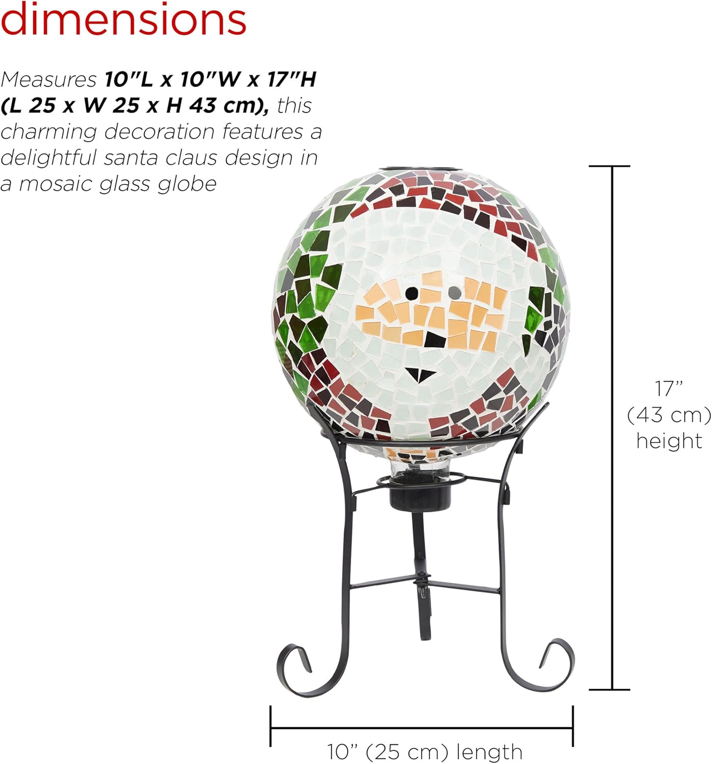 Alpine Corporation 10"" Diameter Solar Santa Mosaic Glass Gazing Globe with Foldable Metal Stand, Rechargeable Battery Included, Outdoor Holiday Decoration