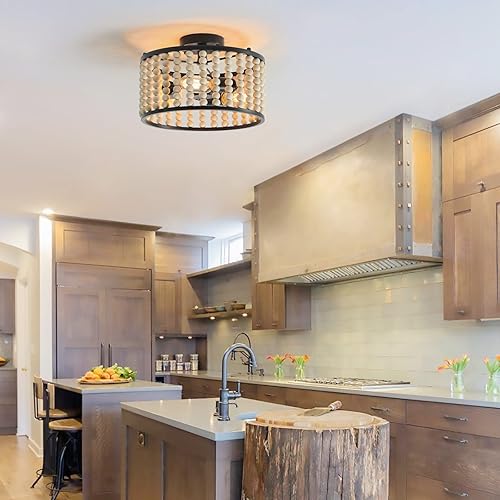 Miniatura 8 de tewei Candelabro de cuentas de madera, lámpara de techo semiempotrada rústica, 3 luces, estilo bohemio, casa de campo, bohemio, con base E26 para