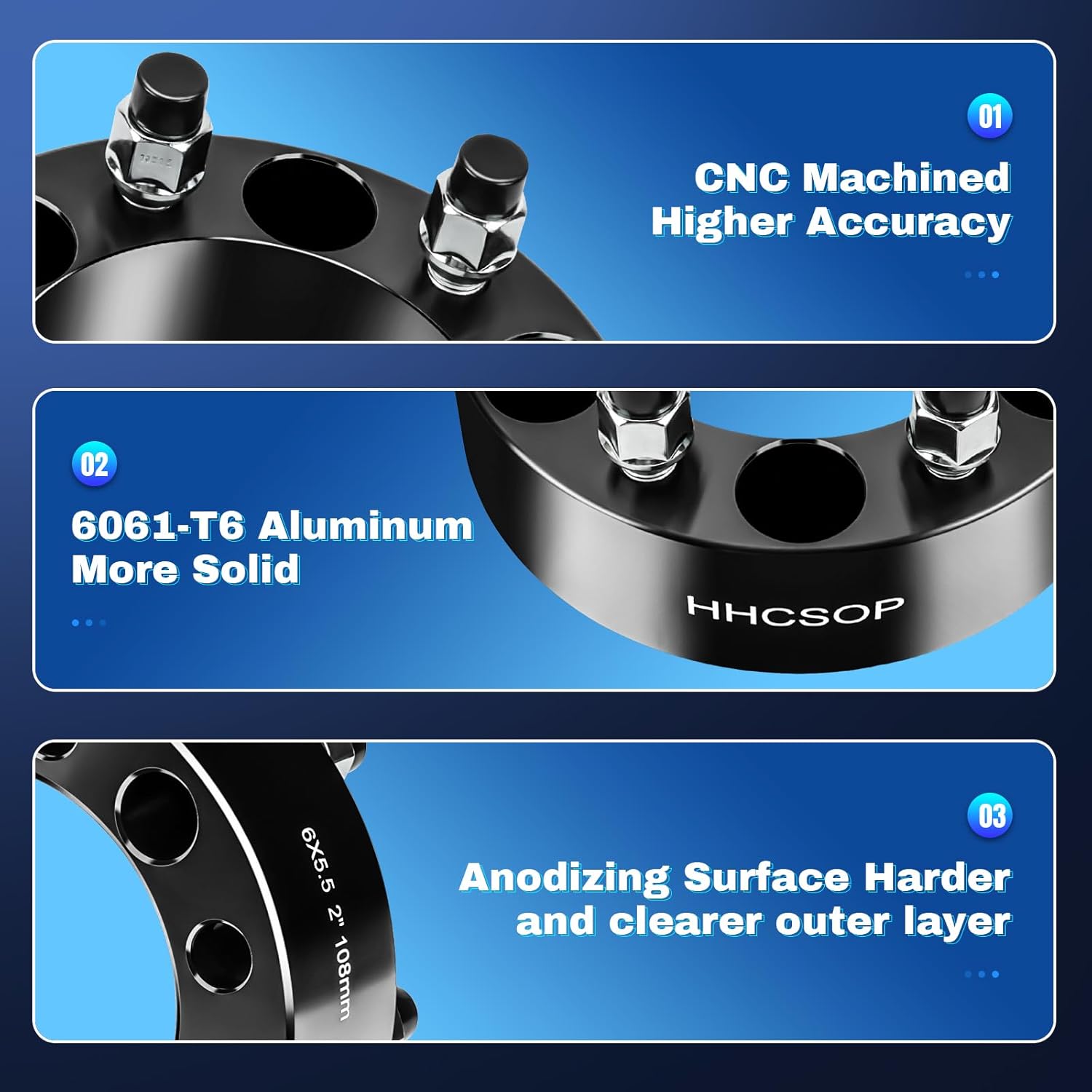 HHCSOP 6x5.5 to 6x5.5 Wheel Spacers 2 inch Fits for 1999-2025 Chevy Silverado 1500 Tahoe GMC Sierra 1500 Forged 6 Lug 6x139.7mm Wheel Adapters M14x1.5 Hub Bore 108mm, Black 4PCS