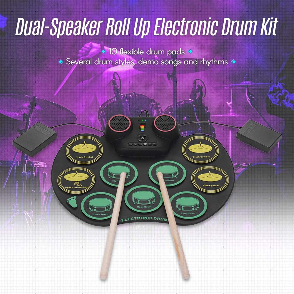 Batteria Elettronica Roll Up Drum Kit Silicone Drum Practice Practice 10 Drumpads Batteria Altoparlante Incorporato con Batteria e Pedali a Piedi Batteria Elettrica
