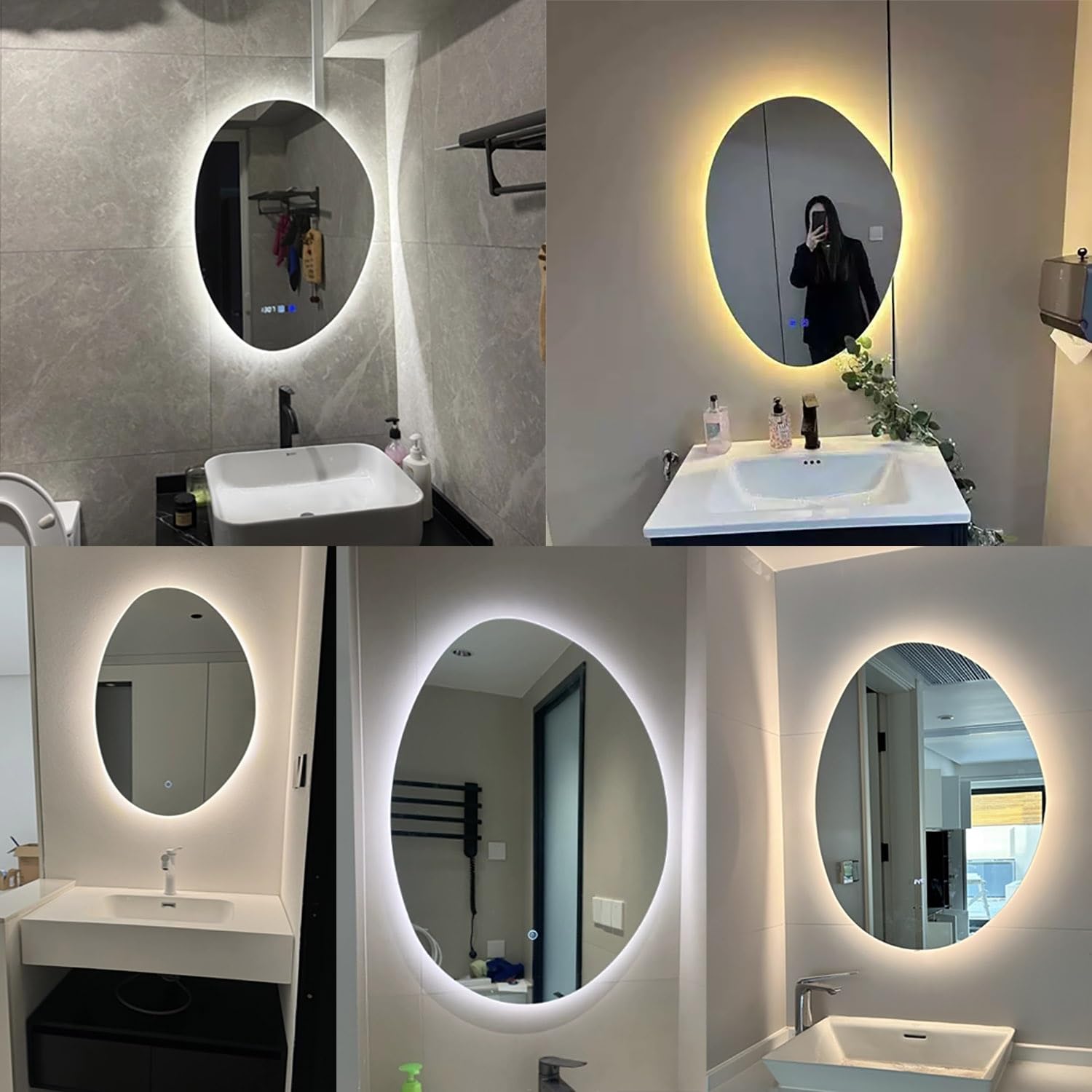 Specchio da Parete Moderno e Intelligente 28/32", LED dimmerabile, Forma Irregolare per Bagno con Luce Bianca/Neutra/Calda, antiappannamento, Decorazione Ovale Asimmetrica 36/40" (70x90 cm)