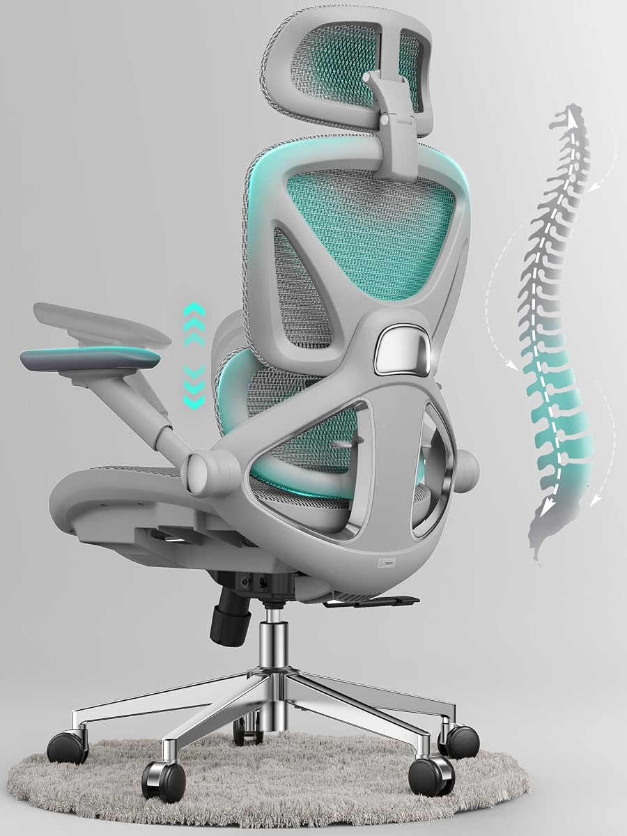 Silla de oficina ergonómica de malla, silla de escritorio lumbar ajustable con respaldo alto de 400 libras, brazos abatibles 4D, respaldo de 3 inclinaciones, reposacabezas 3D, ruedas de PU, asiento giratorio para computadora para trabajo de escritorio largo - Gris