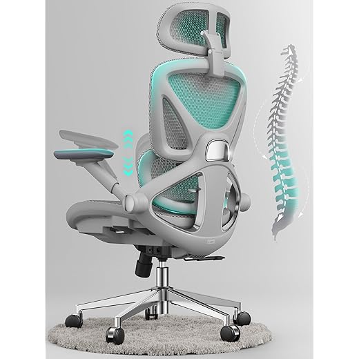 CAPOT Ergonomic Mesh Office Chair, Adjustable Lumbar High Back Desk Chair 400lbs, 4D Flip-up Arms, 3 Tilt Backrest, 3D Headrest, PU Wheels, Swivel Rolling Computer Seating for Long Desk Work - Grey