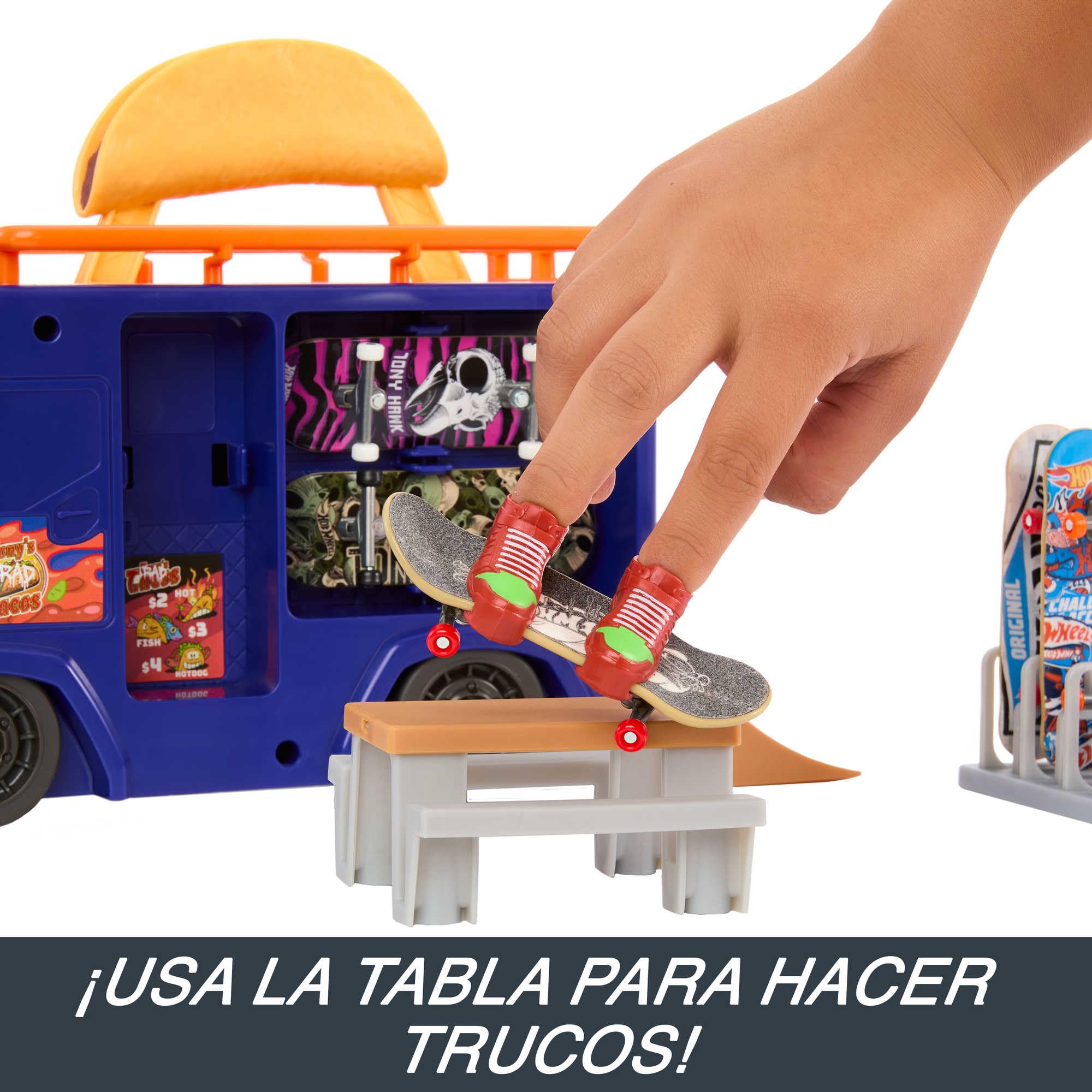 Hot Wheels Skate Camión de Tacos Set de Juego con monopatín de Juguete y Zapatillas para Dedos, +5 años (Mattel HMK00)