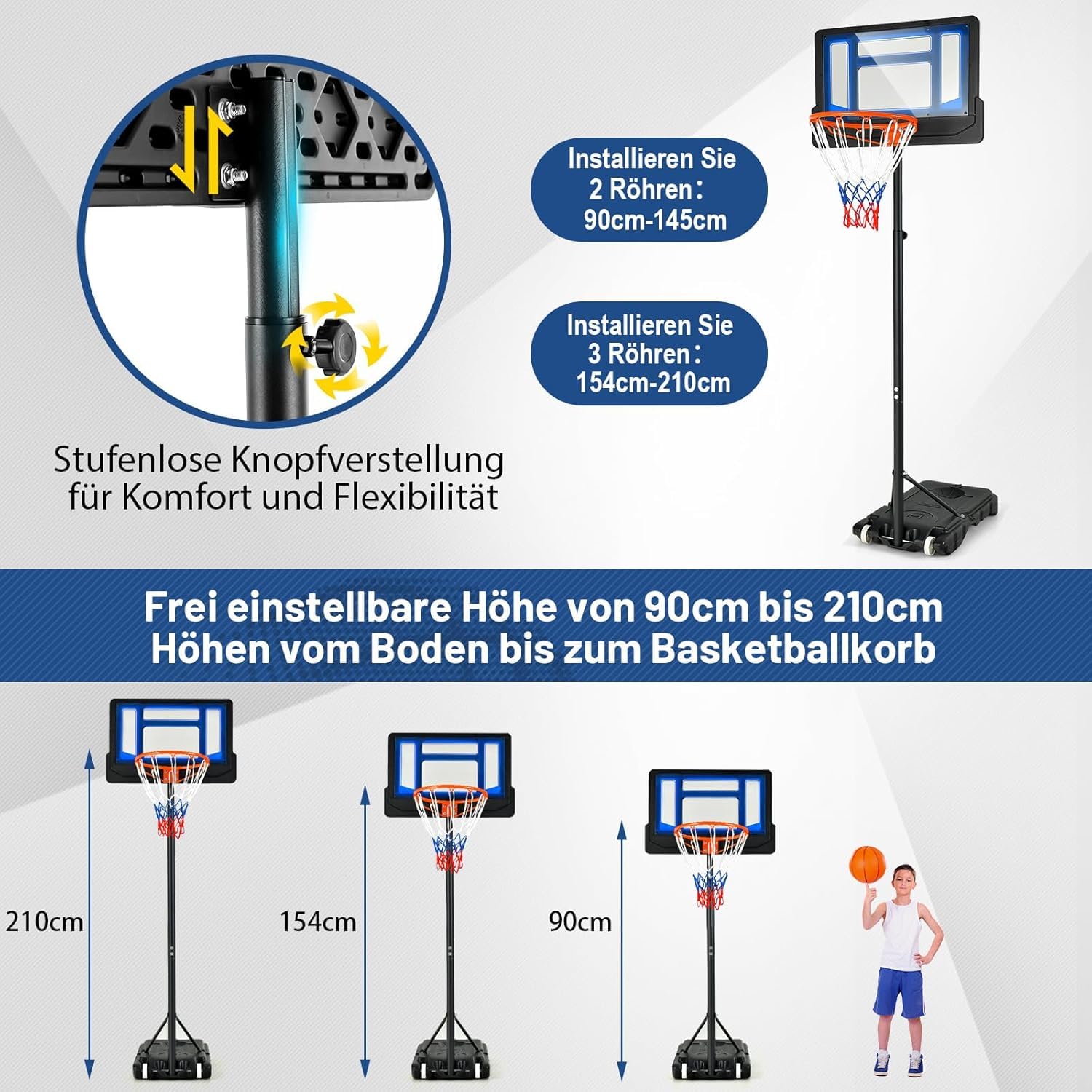 FANTASK Basketballständer 90-210 cm höhenverstellbar, Basketballkorb mit Ständer & 2 Rädern, Korbanlage für Kinder, Jugendliche, Blau