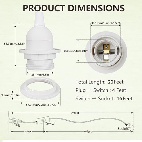 Miniatura 9 de AdiyZ Cable de luz colgante  Bombilla colgante de 15 pies con cable de enchufe  Paquete de 2 cables de lámpara E26 con cable de extensión negro,