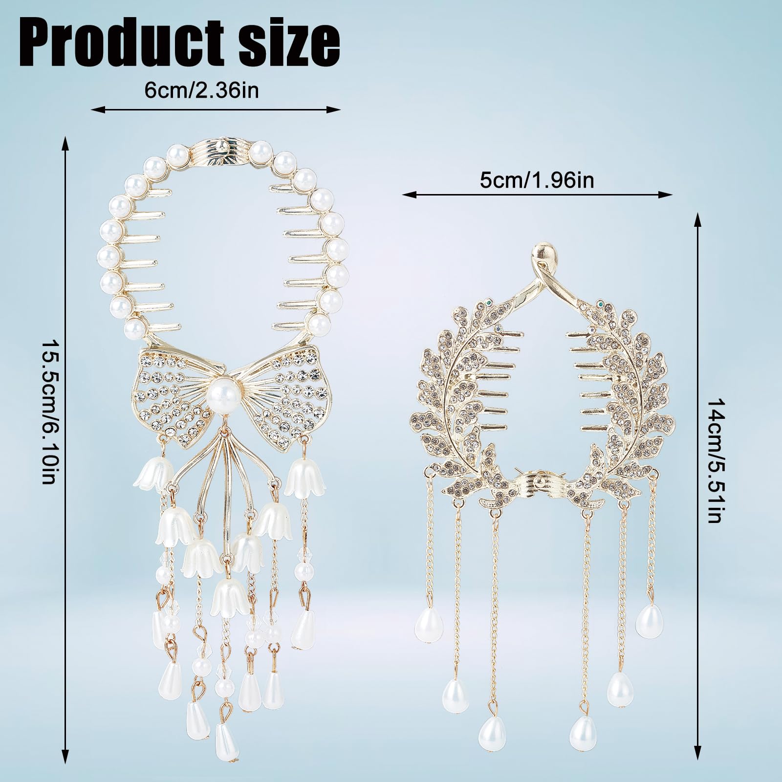 NICENEEDED Pearl Tassel Ponytail Hair Clip, Rhinestone Buckle Hairpin - Image 2
